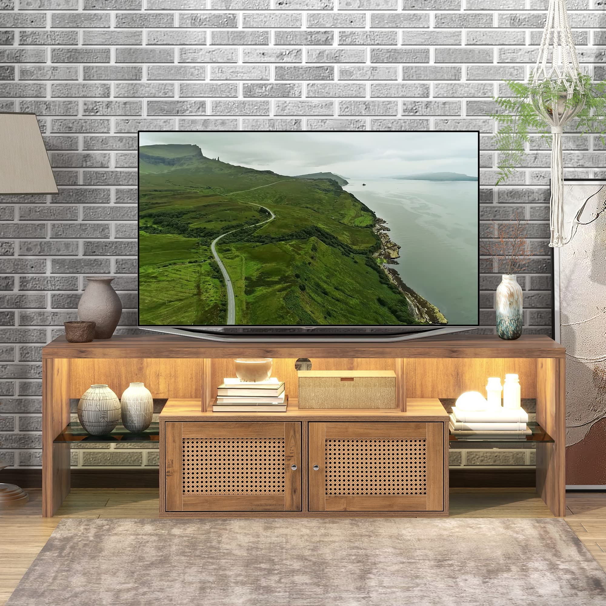 Aprilsoul 60'' TV Stand with Two Doors of Cabinet and Adjustable 2 Clear Wave Laminates & LED Light Color, Add Storage Space,for Livingroom Bedroom Apartment,Khaki