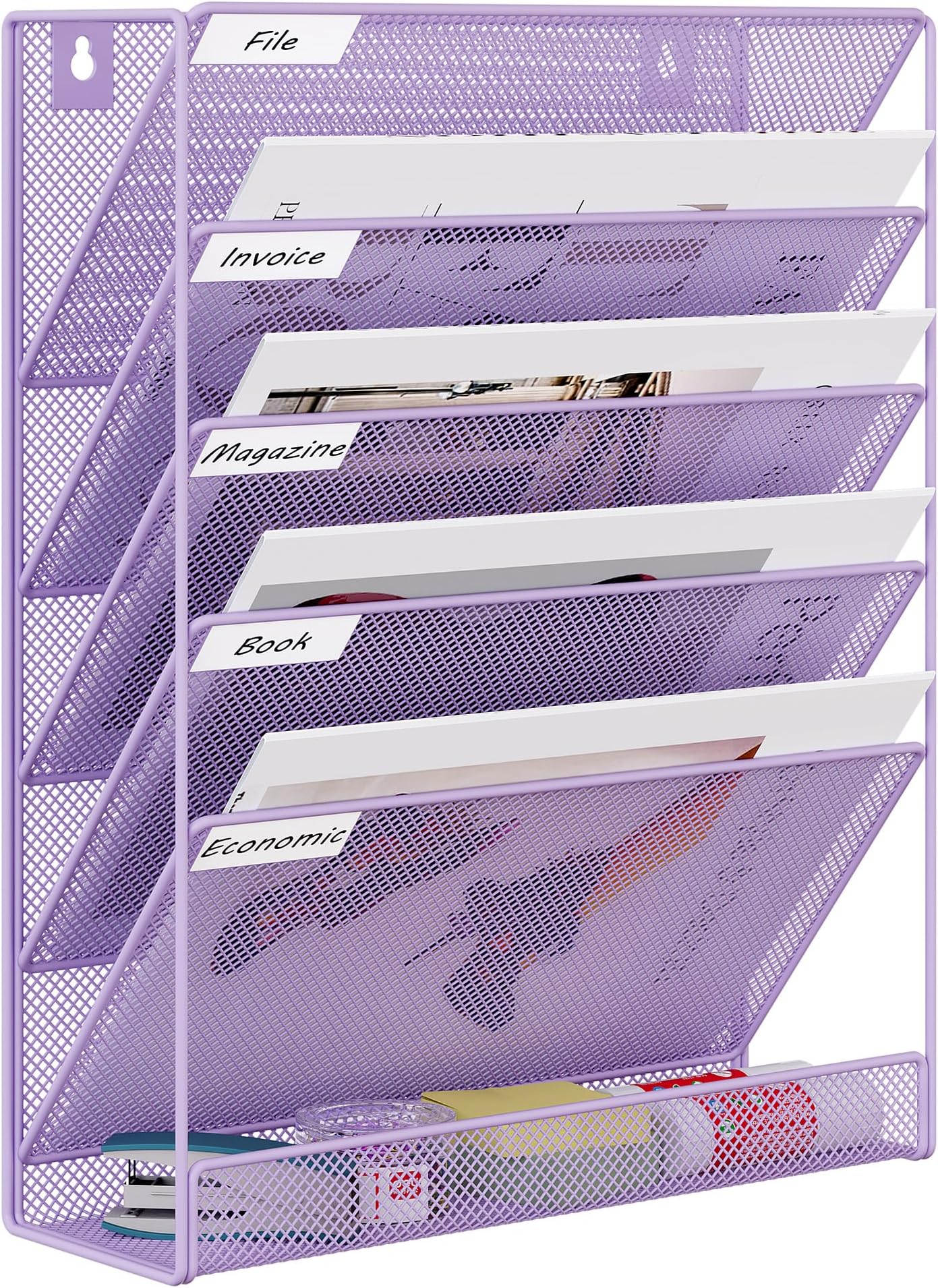 5 Tier Wall File Holder, Mesh Hanging Folder Organizer with Classify Label, Versatile Desk File Holder, Vertical Wall Mounted Mail Organizer for Office Home Cubicle, Purple