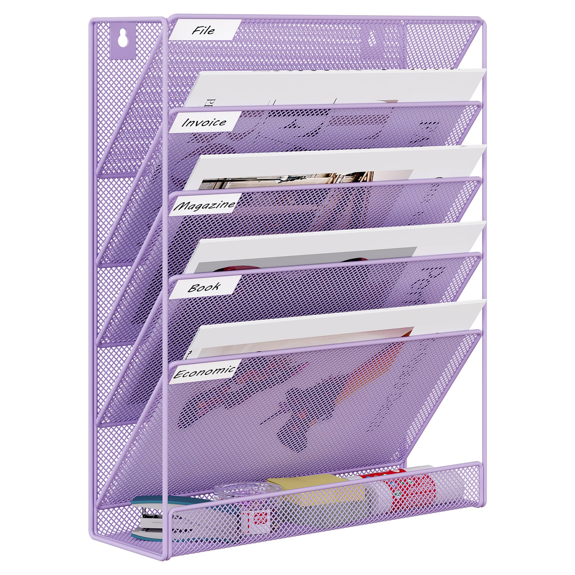 EasyPAG 5 Tier Wall File Holder, Mesh Hanging Folder Organizer with Classify Label, Versatile Desk File Holder, Vertical Wall Mounted Mail Organizer for Office Home Cubicle, Purple