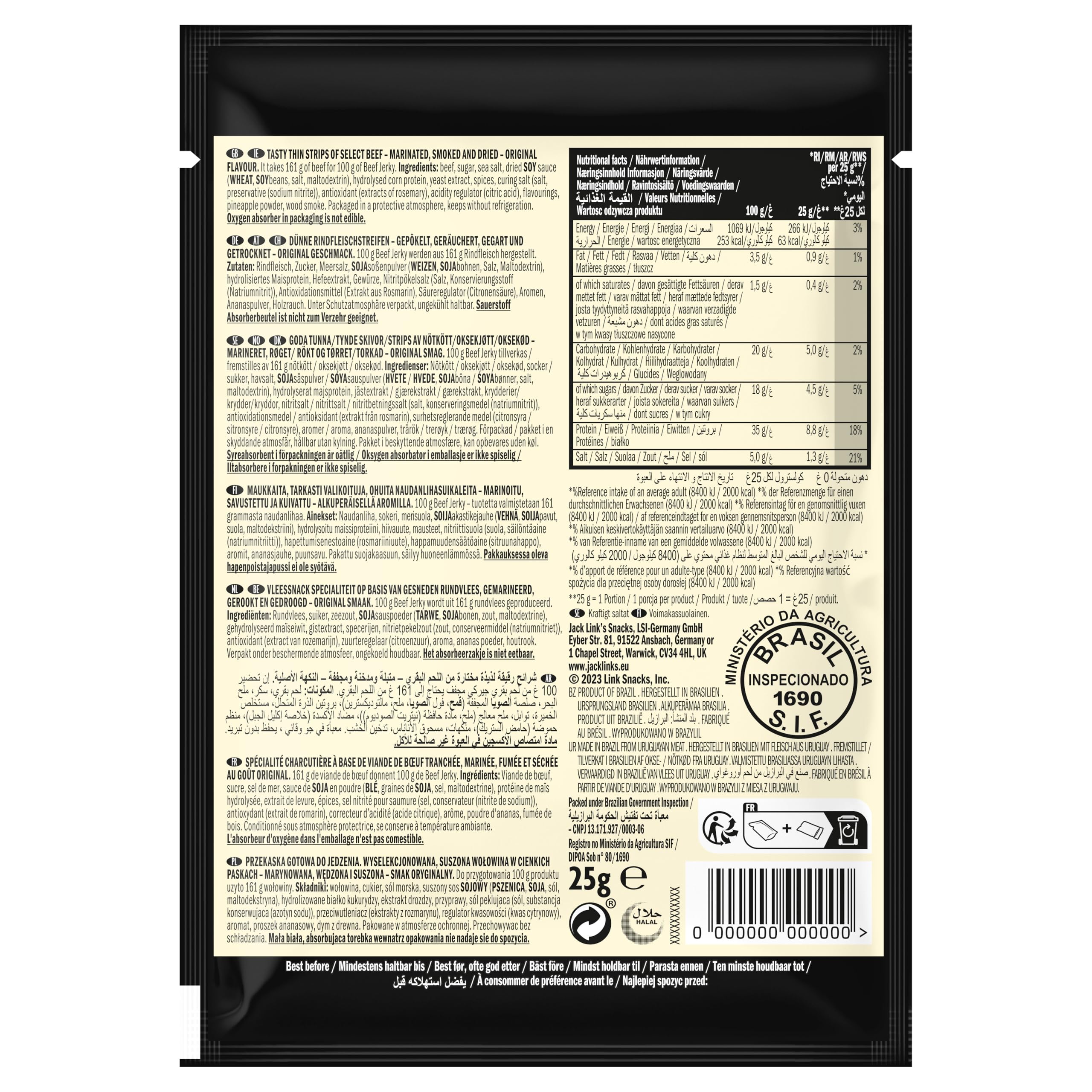 Beef Jerky Original – High Protein Meat Snack – Dried Halal Beef- 1X25Gr