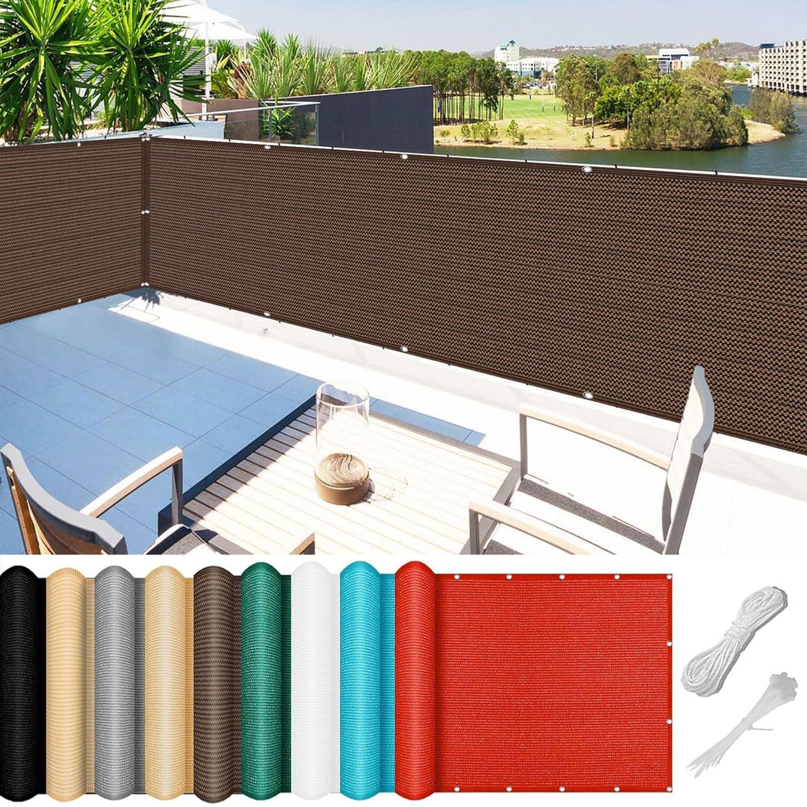 Balcony Privacy Screen 70 x 150 cm 90% Shading Rate Uv-Resistant Privacy Screen Fence Shade Net Cover with Rope and Aluminium Eyelets for Outdoor, Garden, Backyard, Rails, Brown