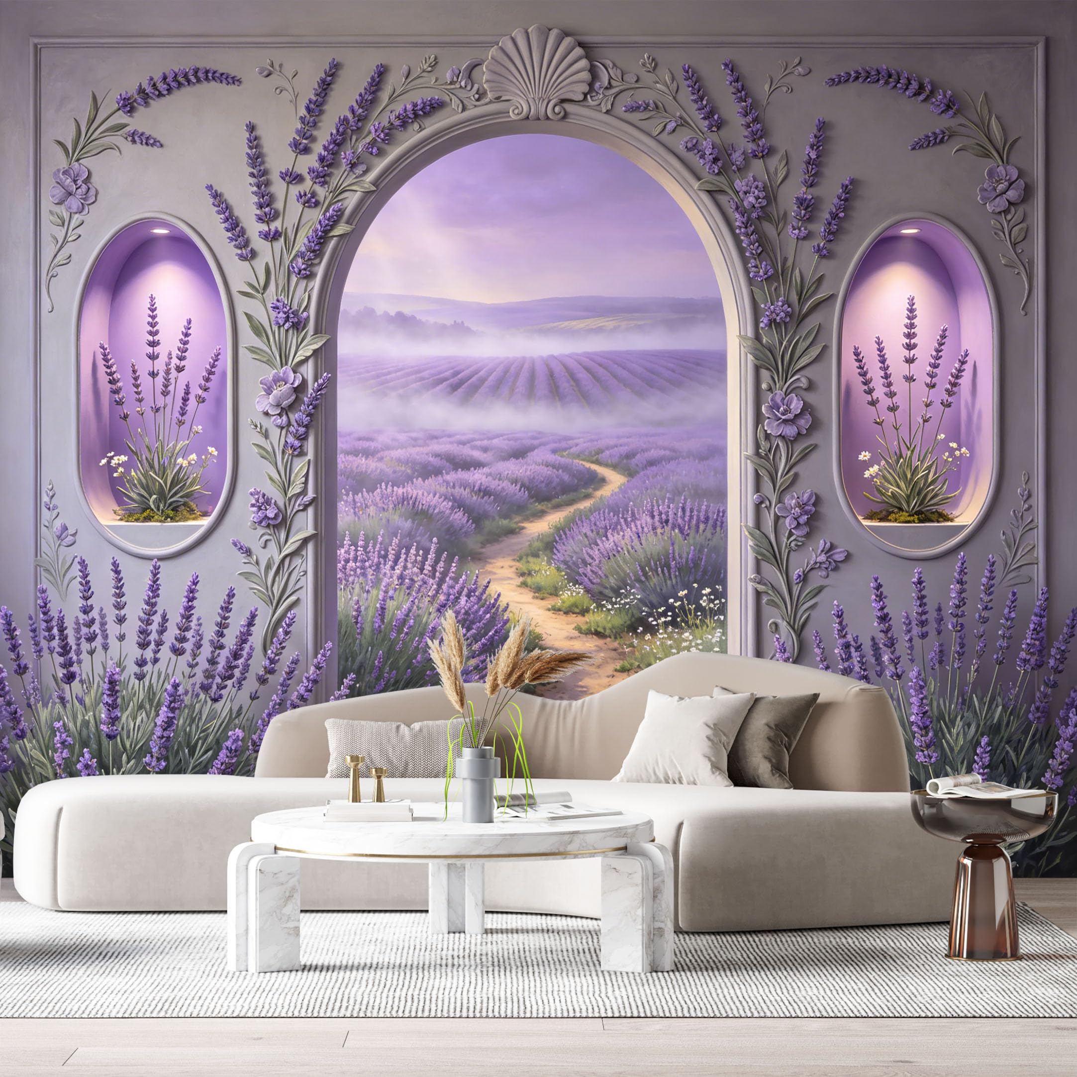 Custom Size Wall Murals Lavender Arch Fantasy Landscape Botanical 3D Trompe L'Oeil SelfAdhesiveWall Fabric Removable Wallpaper Wall Decor for Living Room Bedroom Bathroom