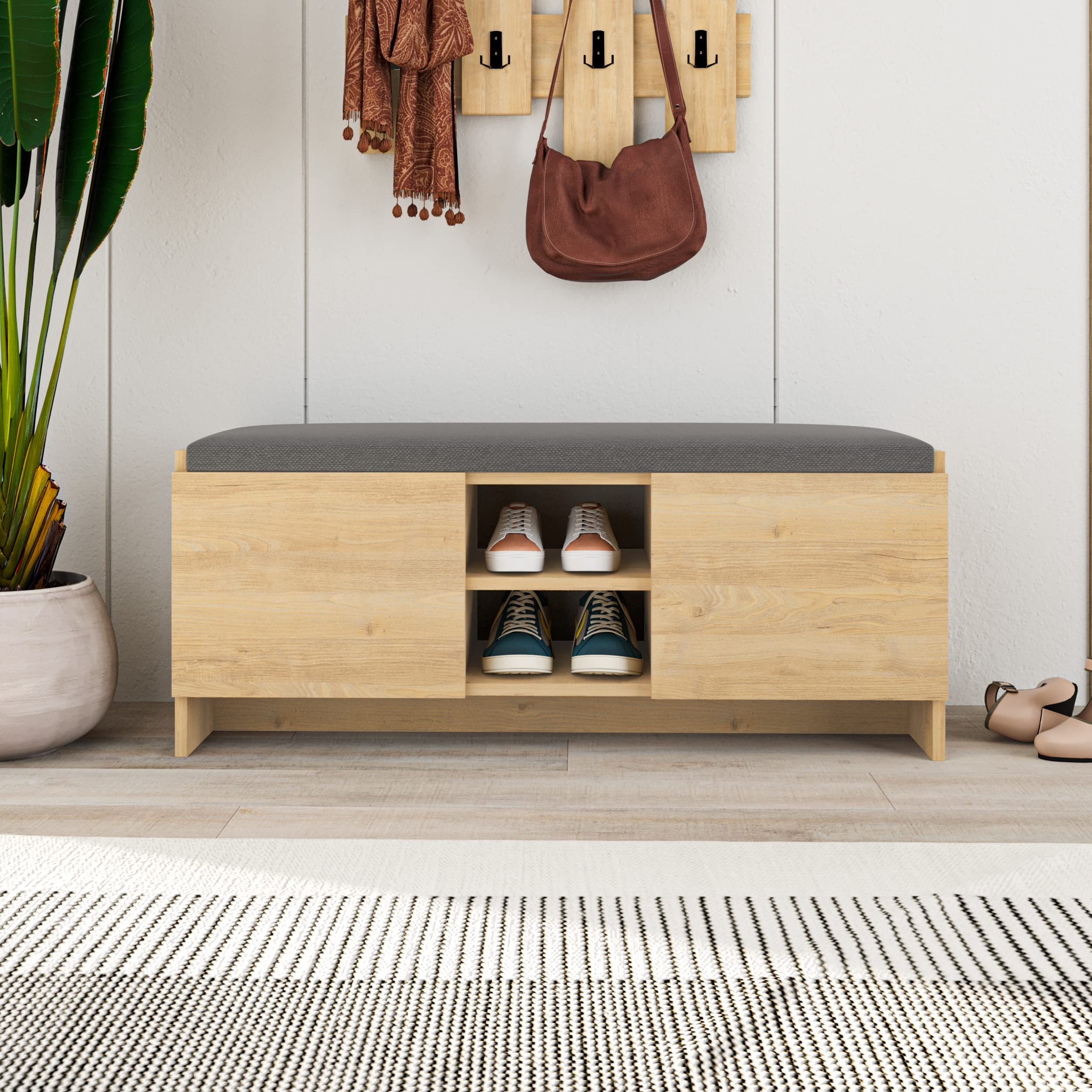 Buyqualia Mueble Zapatero Banco para Zapatos Rack con Puertas y estantes para ordenación (Alto 43 / Ancho 110 Fondo 37) en Color (Roble)
