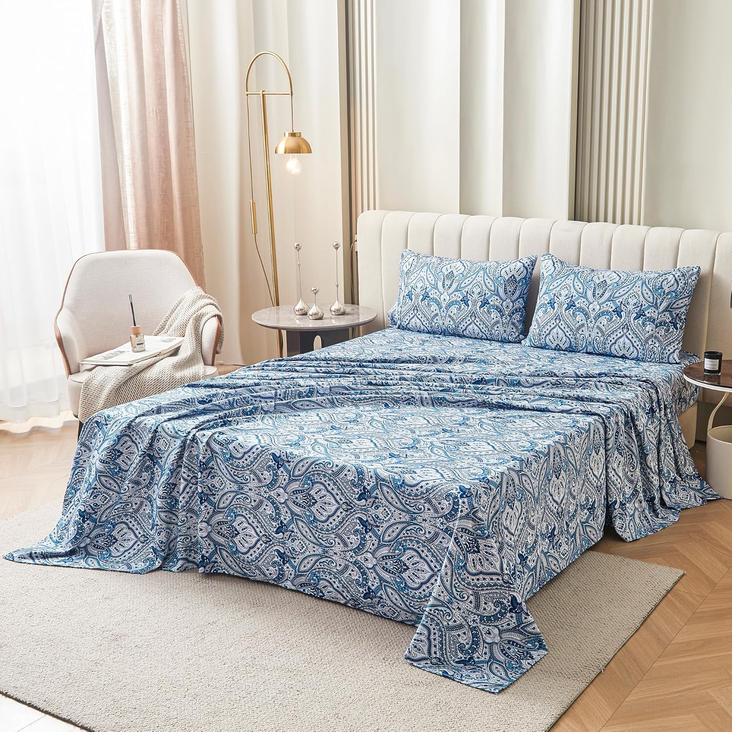 Softan Blue Paisley Printed Bed Sheets King Size, Floral Sheet Set King, Brushed Polyester Microfiber Fitted Sheet with 15" Deep Pocket & Non-Slip Straps, Blue Flower Patterned Sheet & Pillowcase Sets - Image 8