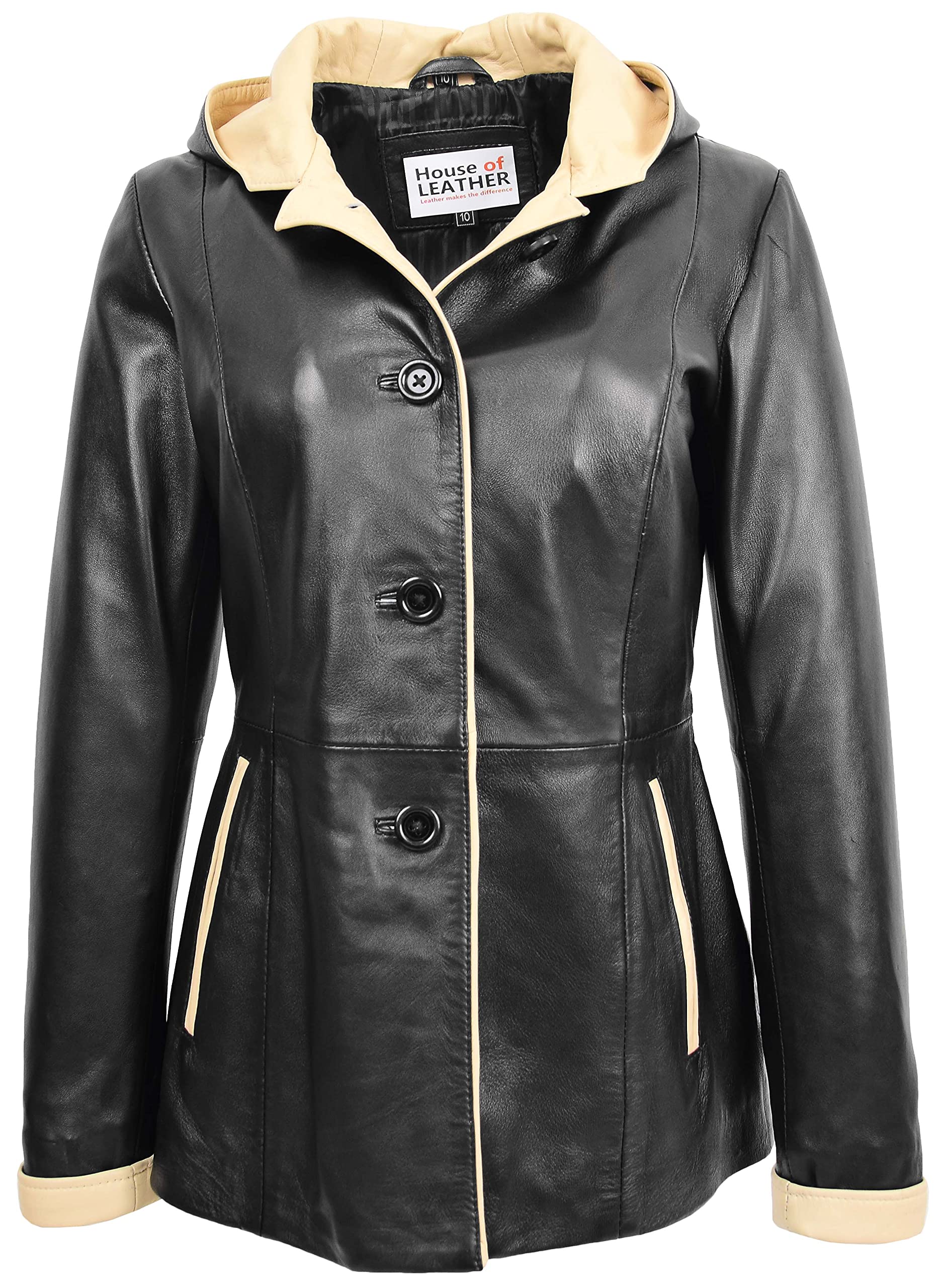 House of Leather Black Real Leather Hood Jacket for Women - Size 22