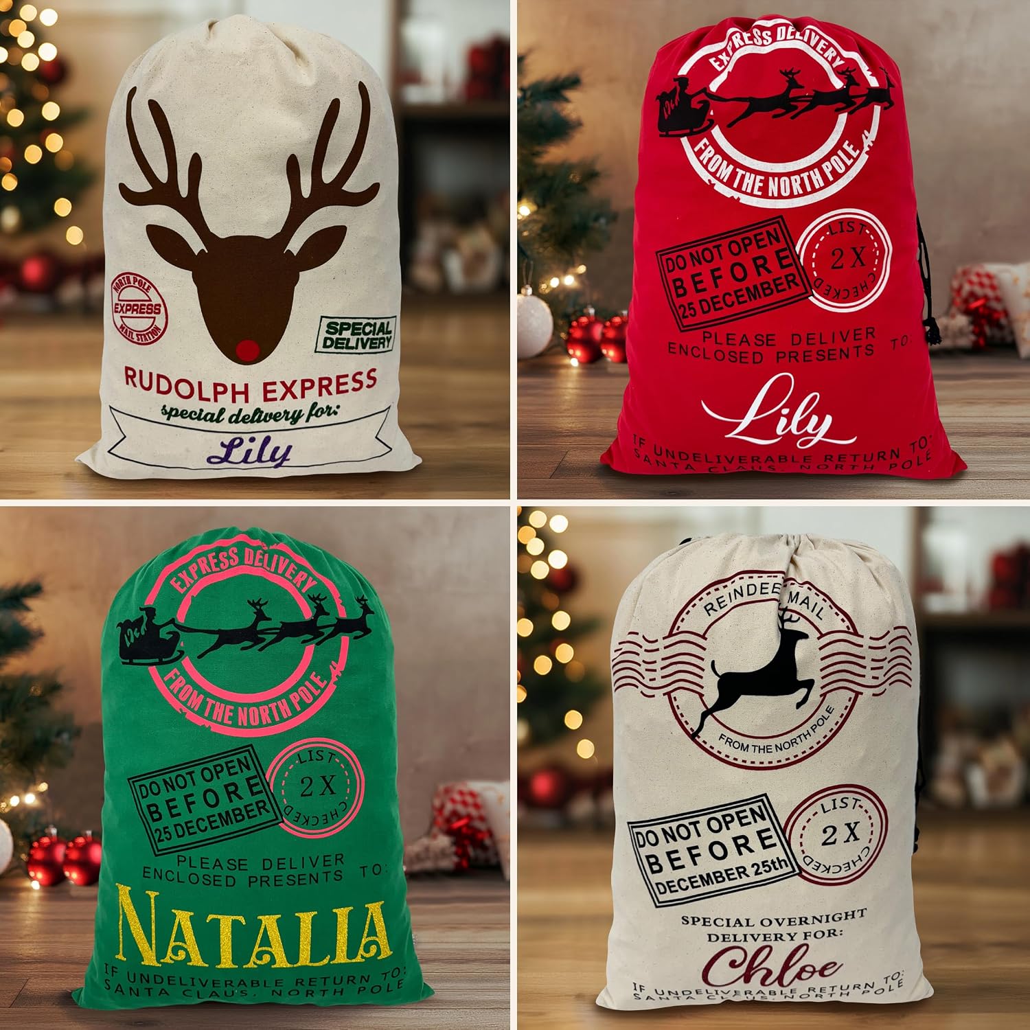 TEEAMORE Personalized Drawstring Christmas Sack Jumbo Gift Sack Personalized Package Storage Christmas Party Supplies Favors 19.5x27.5 IN 5 Pack