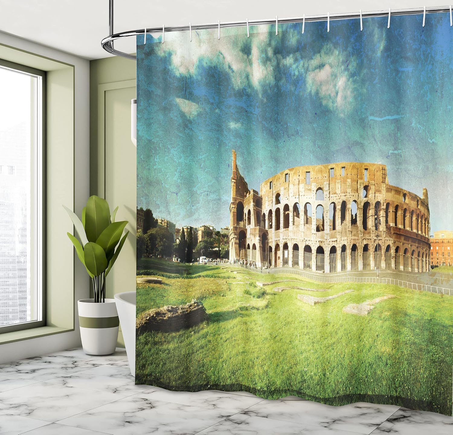Ambesonne Vintage Shower Curtain, Sunset at Historical Colosseum in Rome Italian Landmark European Art Scenery, Cloth Fabric Bathroom Decor Set with Hooks, 69" W x 75" L, Green Blue