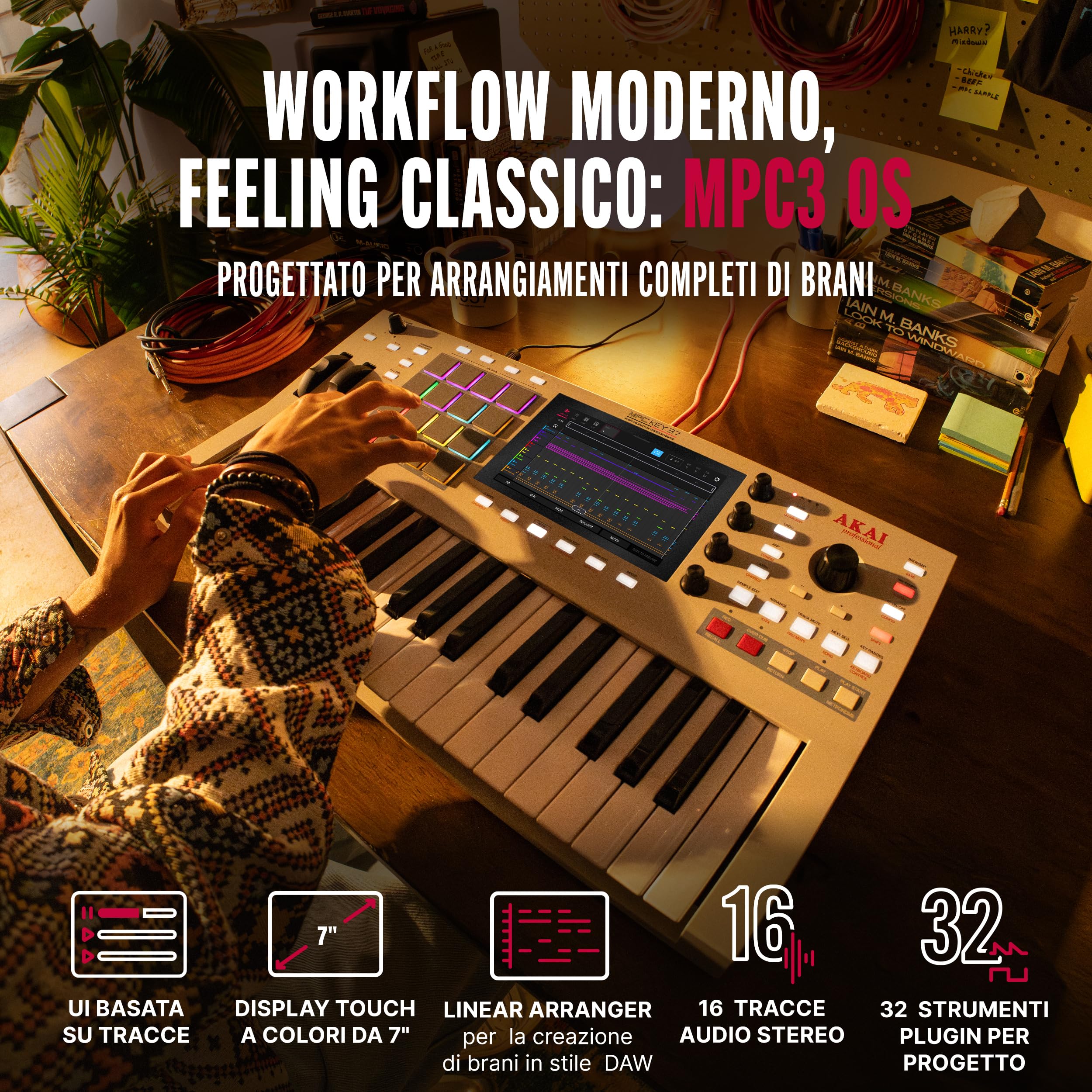 Akai Professional MPC Key 37 G2 Tastiera di produzione standalone Next-Gen | Sintetizzatore per producers, sampling & sequencing, con USB-C, 37 tasti, 16 pad MPC, processore 8-core, 4 GB RAM