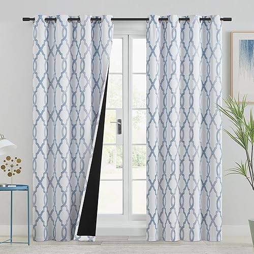 Miniatura 2 de Cortinas 100% opacas de 96 pulgadas de largo para dormitorio, cortina de ventana con patrón geométrico marroquí azul gris sobre blanco para sala de