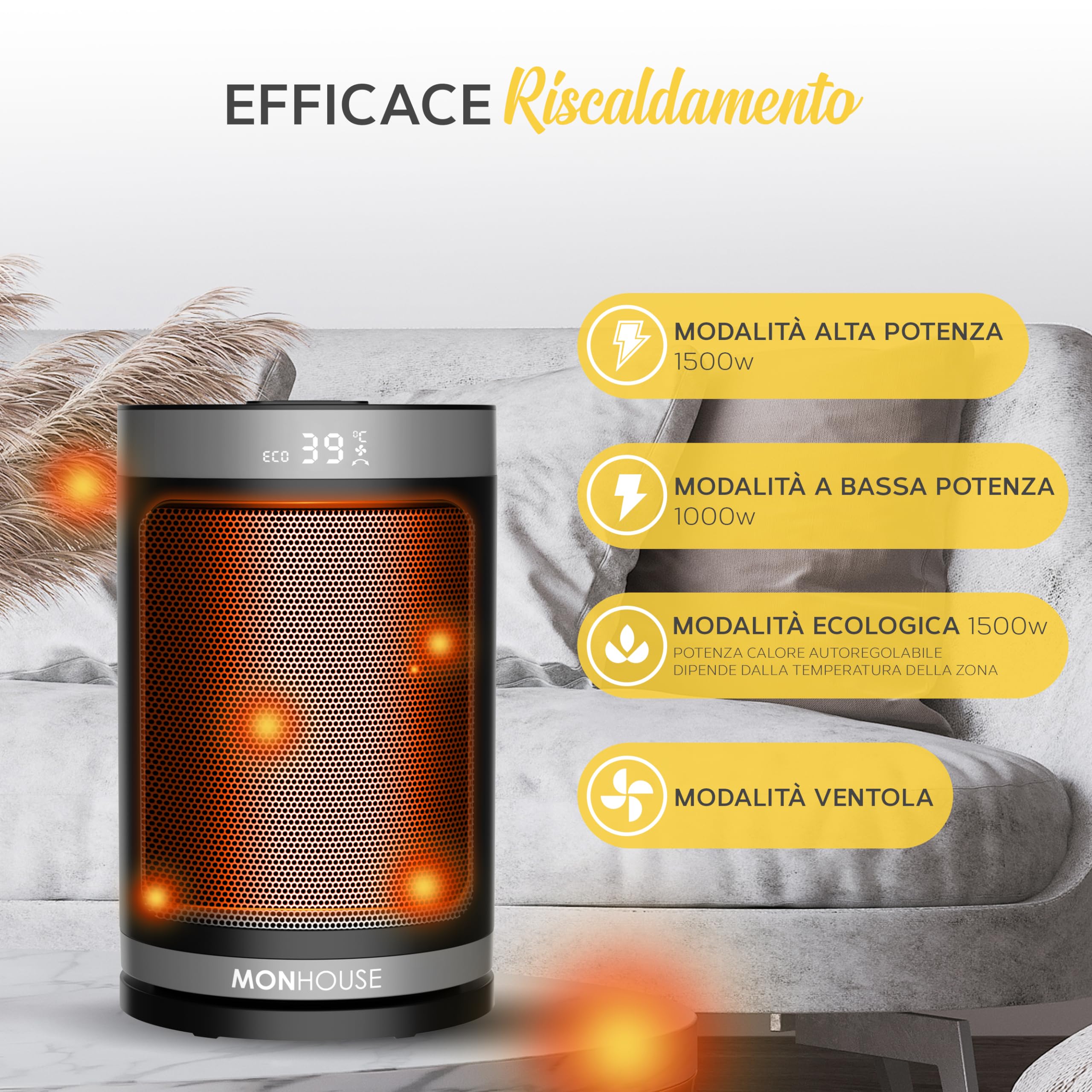 MONHOUSE 120° Riscaldatore Elettrico in Ceramica Oscillante a 120° con Termostato, Timer 1-12 ore, Telecomando, Protezione da Surriscaldamento e Inclinazione, Modalita ECO a Risparmio Energetico