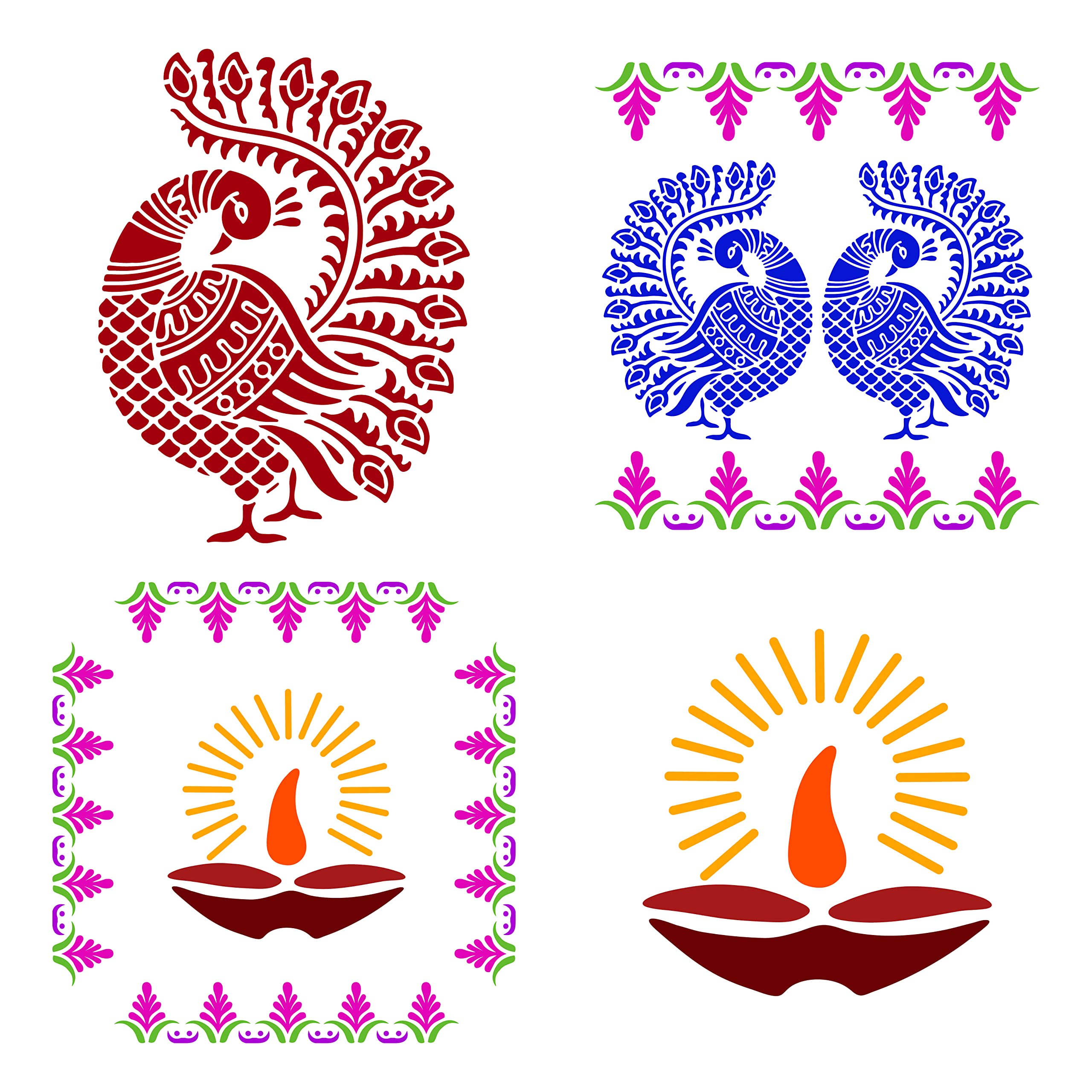Buy Solobolo Peacock Rangoli Stencil with 6 Rangoli Colours Stencil of