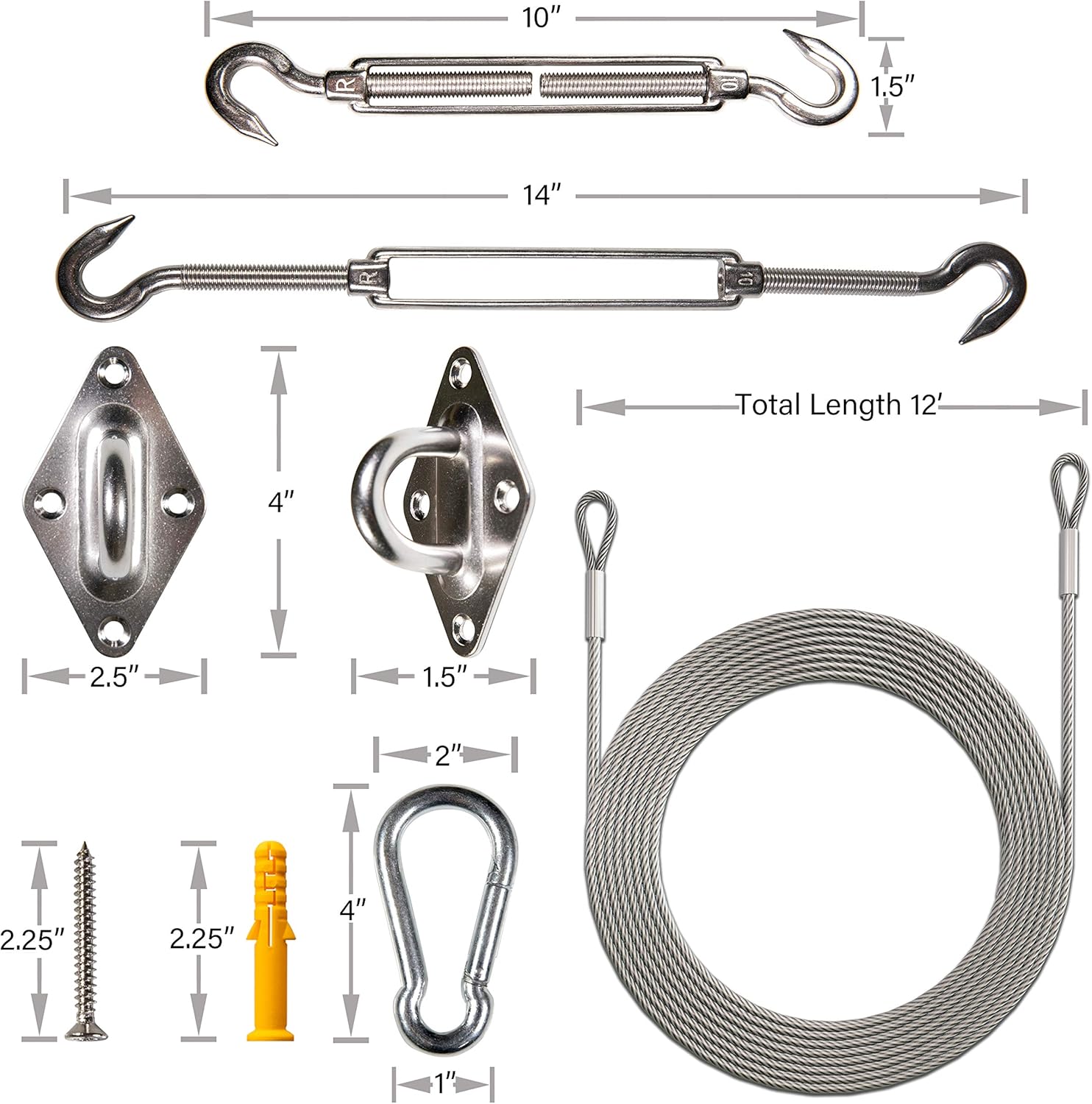 Amgo Hardware Kit Set for Triangle Sun Shade Sails Canopy, Easy-Tensioning, 316 Military-Grade Stainless Steel(10 Inch Hardware Kit + Cables)