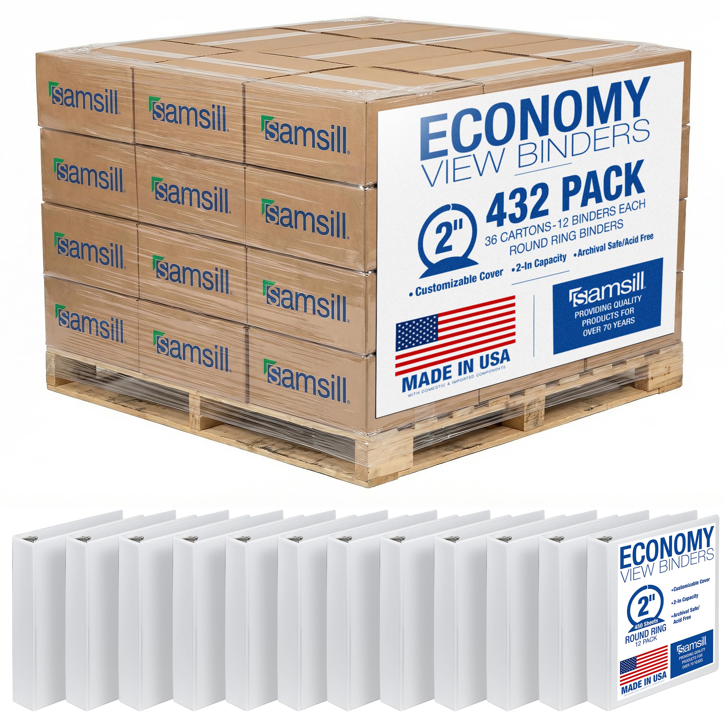 Samsill Economy 2 Inch 3 Ring Binder Bulk Pallet, Round Ring Binder, Customizable Clear View Cover, White, Pallet of 432 Binders in 36 Cartons
