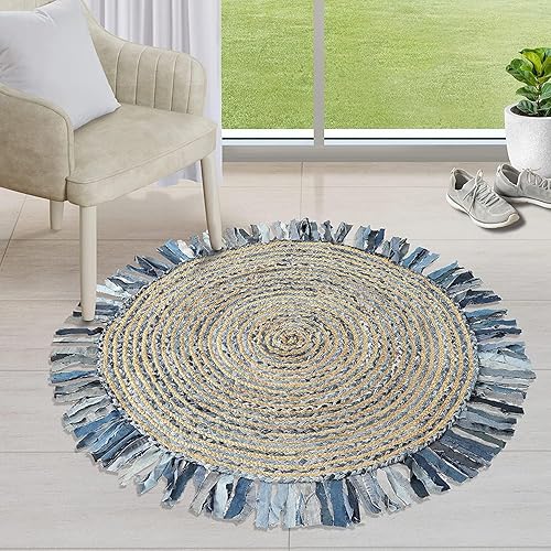 Miniatura 2 de GRUHUM Alfombra redonda de yute de 5 pies, de fibra natural, con flecos de algodón, hecha a mano, estilo bohemio, rústico, suave, trenzado, rústico,