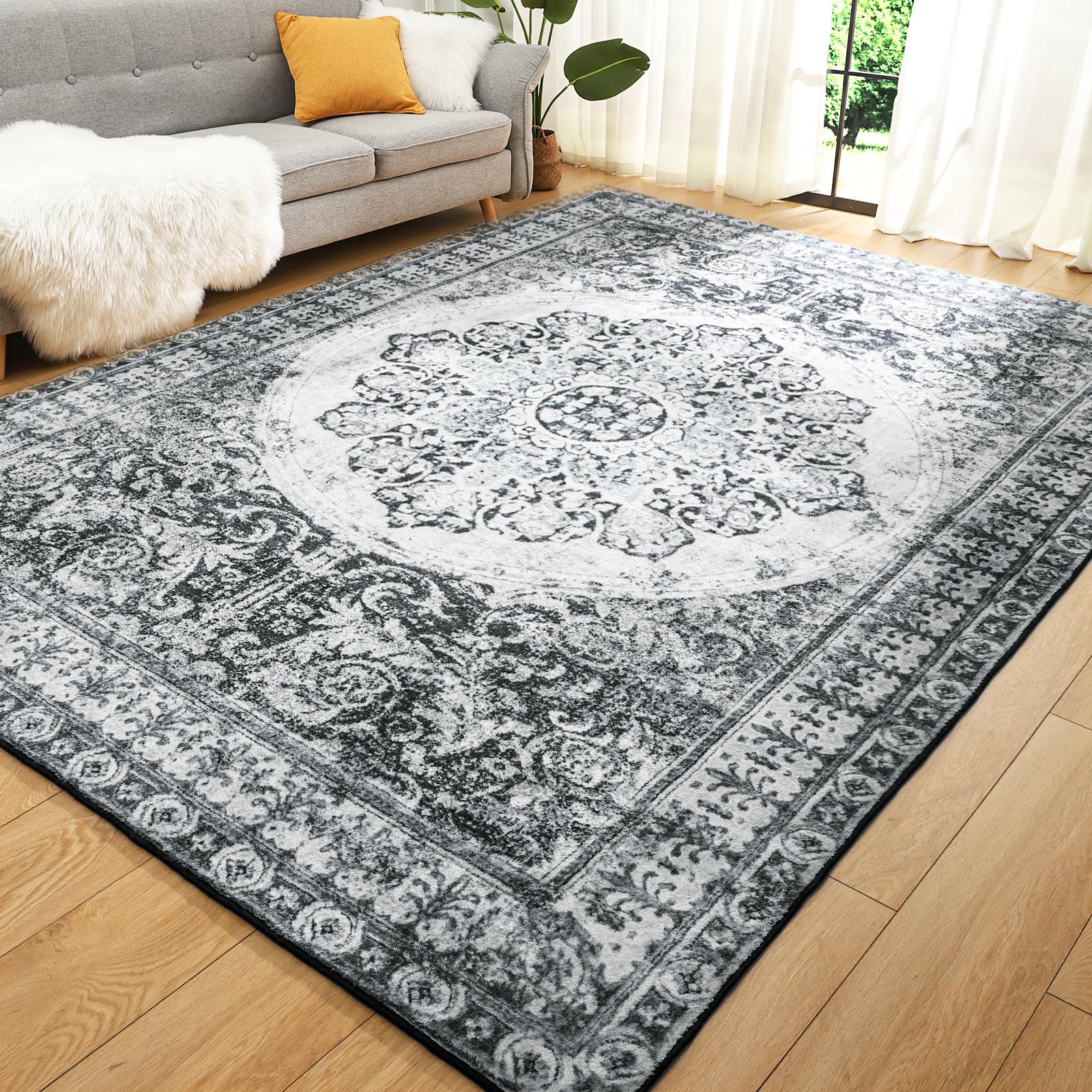Comeet Soft Area Rug Washable Living Bedroom Rug Low-Pile Vintage Rugs, Non-Slip Non-Shed Floral Print Accent Floor Carpet for Dining Room Home Office, Updated Black
