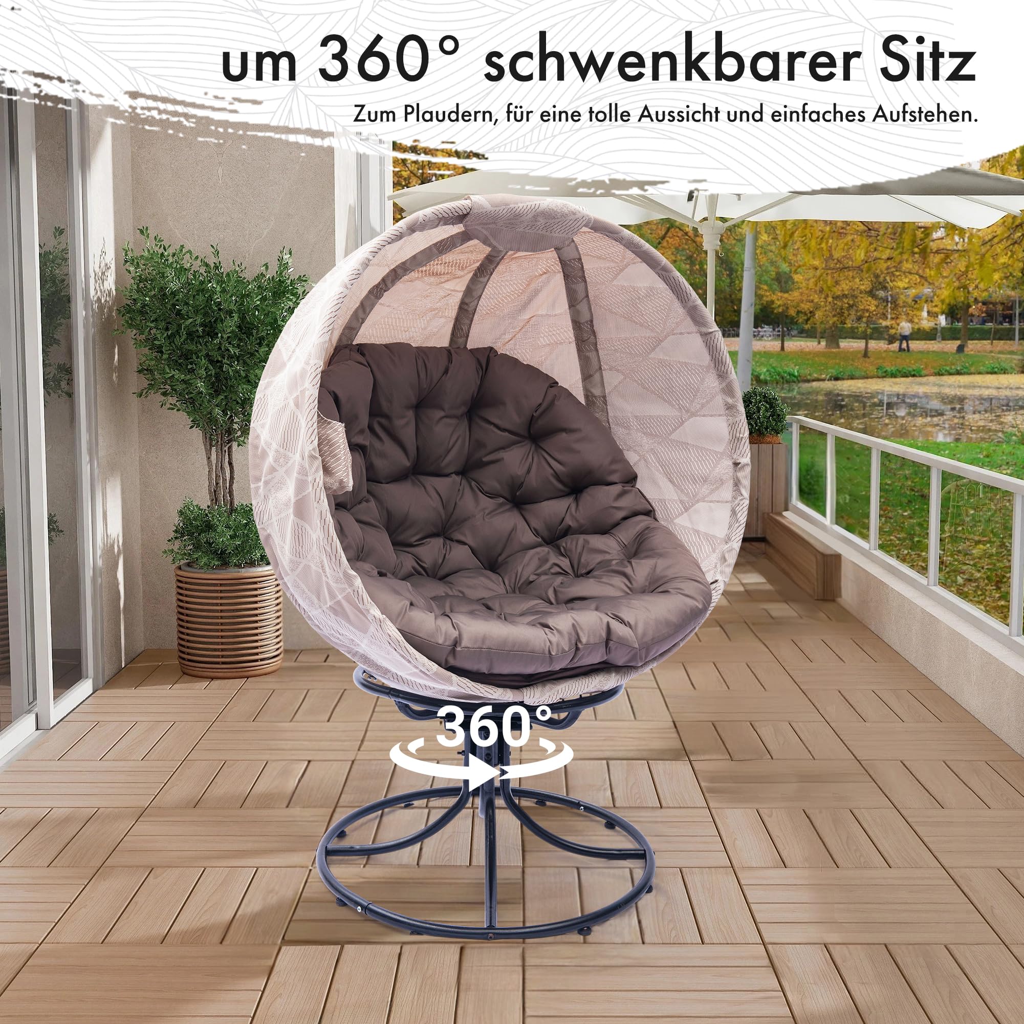 Überdimensionierte Drehstuhl papasansessel, drehsessel klappbarer Korbsitz und Metallrahmen, Indoor Outdoor Lounge Sessel für Balkon, Poolseite, Terrasse und Wohnzimmer (Sandbraun-Weiß)