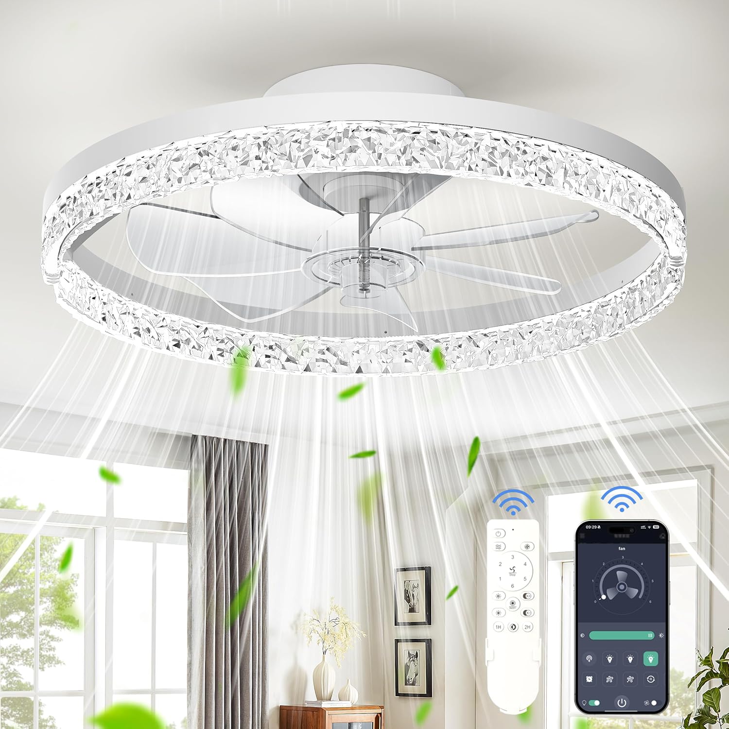 Ceiling Fan with Light, 20" Foldable Ceiling Fans, Stepless Color Temperature Change and 6 Speeds Low Profile Ceiling Fans for Bedroom, Kids Room and Living Room (Crystal White)