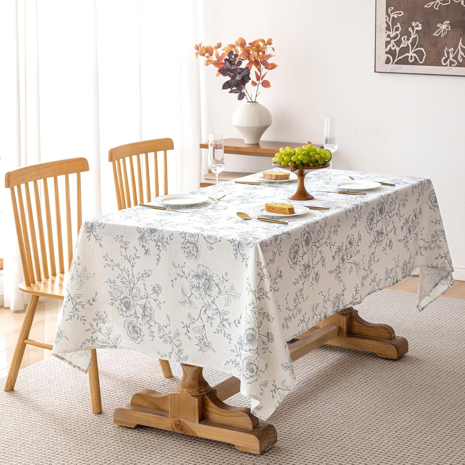 Floral Linen Tablecloth 55 x 84 inch Wrinkle Resistant Vintage Farmhouse Tablecloth Black Pattern Printed on Cream Table Cloth Rectangle Cottage Burlap Textured Fabric Table Cover Home Decor Holiday - Image 2