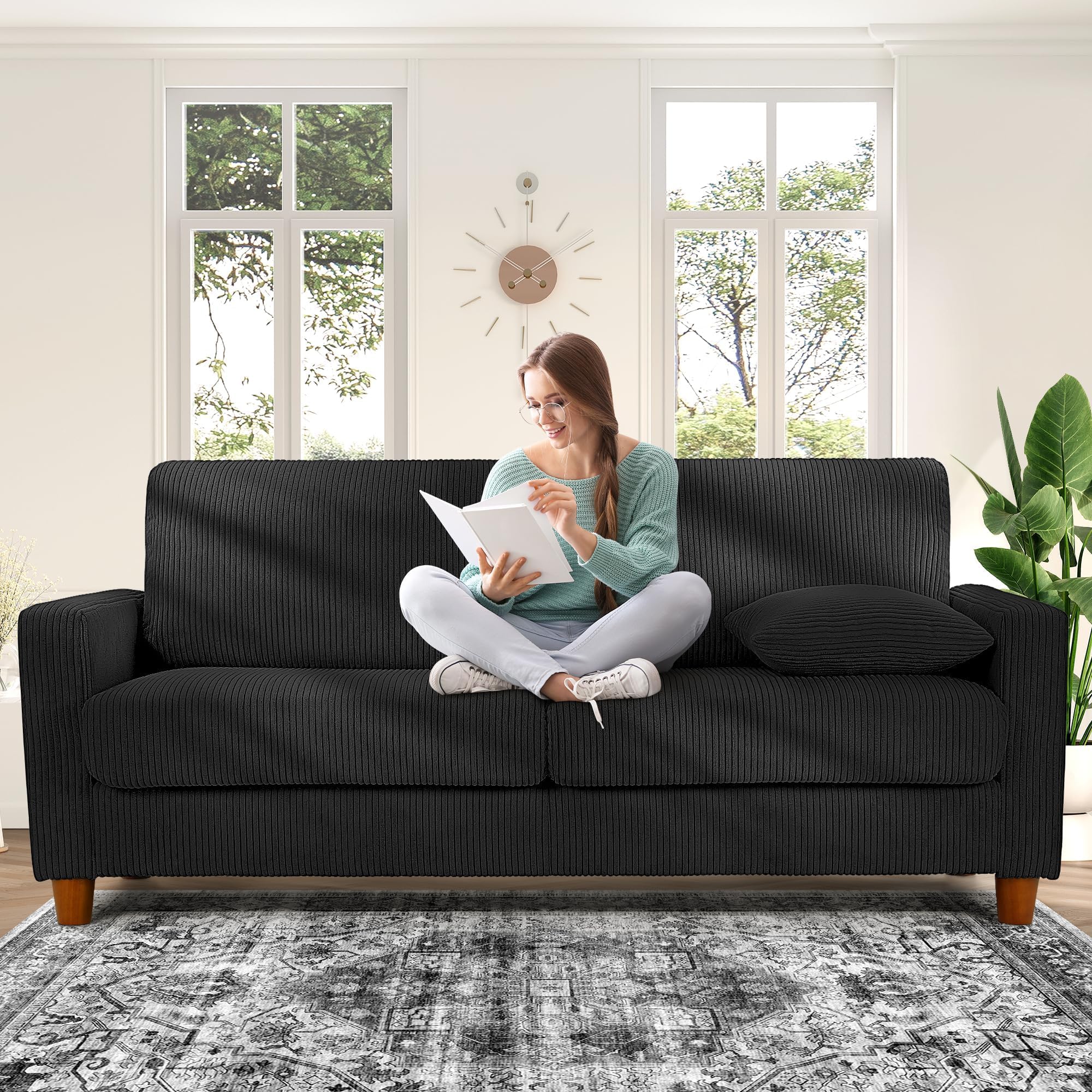 Kidirect 70in Corduroy Couch, Small Loveseat Sofa, Black Corduroy Couch