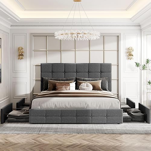 Miniatura 4 de HOOMIC Base de cama de almacenamiento de plataforma de tamaño matrimonial con 4 cajones, cabecera ajustable con diseño de botones cosidos cuadrados,