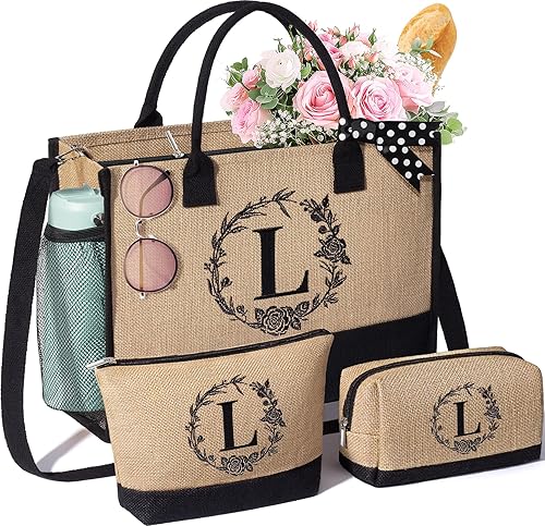 Miniatura 15 de Regalos de Navidad personalizados para mujer, bolsa de mano con inicial de yute y bolsas de maquillaje, bolsa de playa con monograma con cremallera,