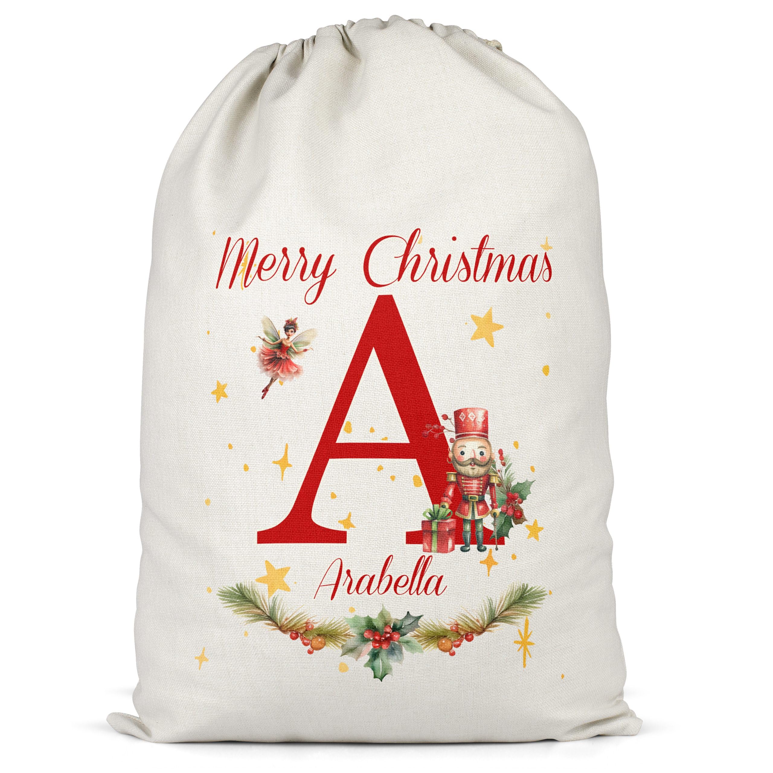Purple Print House Christmas Nutcracker Present Sack For Kids Personalised Name and Initial Festive Santa Boys Girls Xmas Gift Bag, XL, White