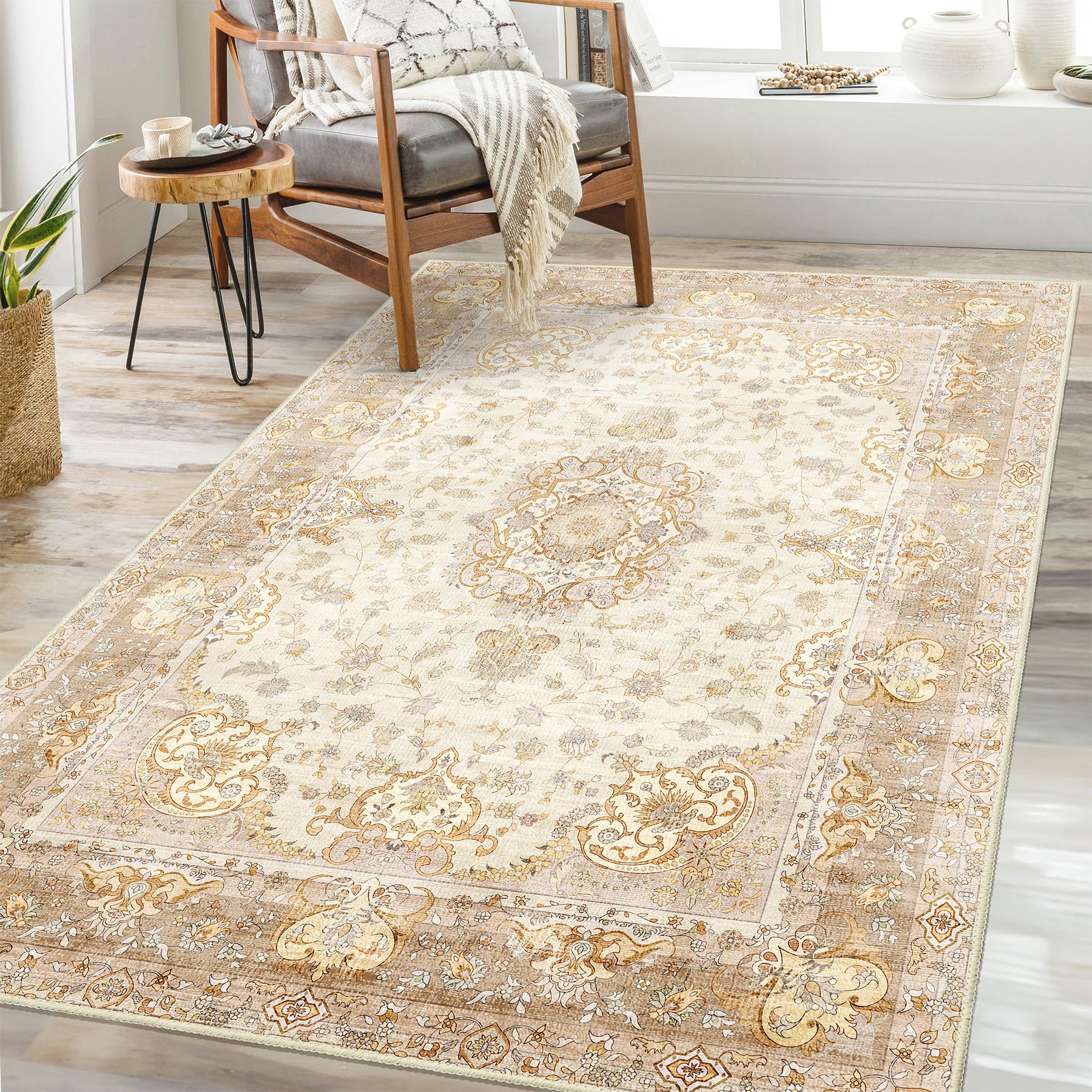 Castage Boho Rug 3'x5',Washable Area Rugs for Bedroom Living Room Kitchen Entryway Bedside,Small Vintage Bohemian Distressed Non Slip Carpet,Beige