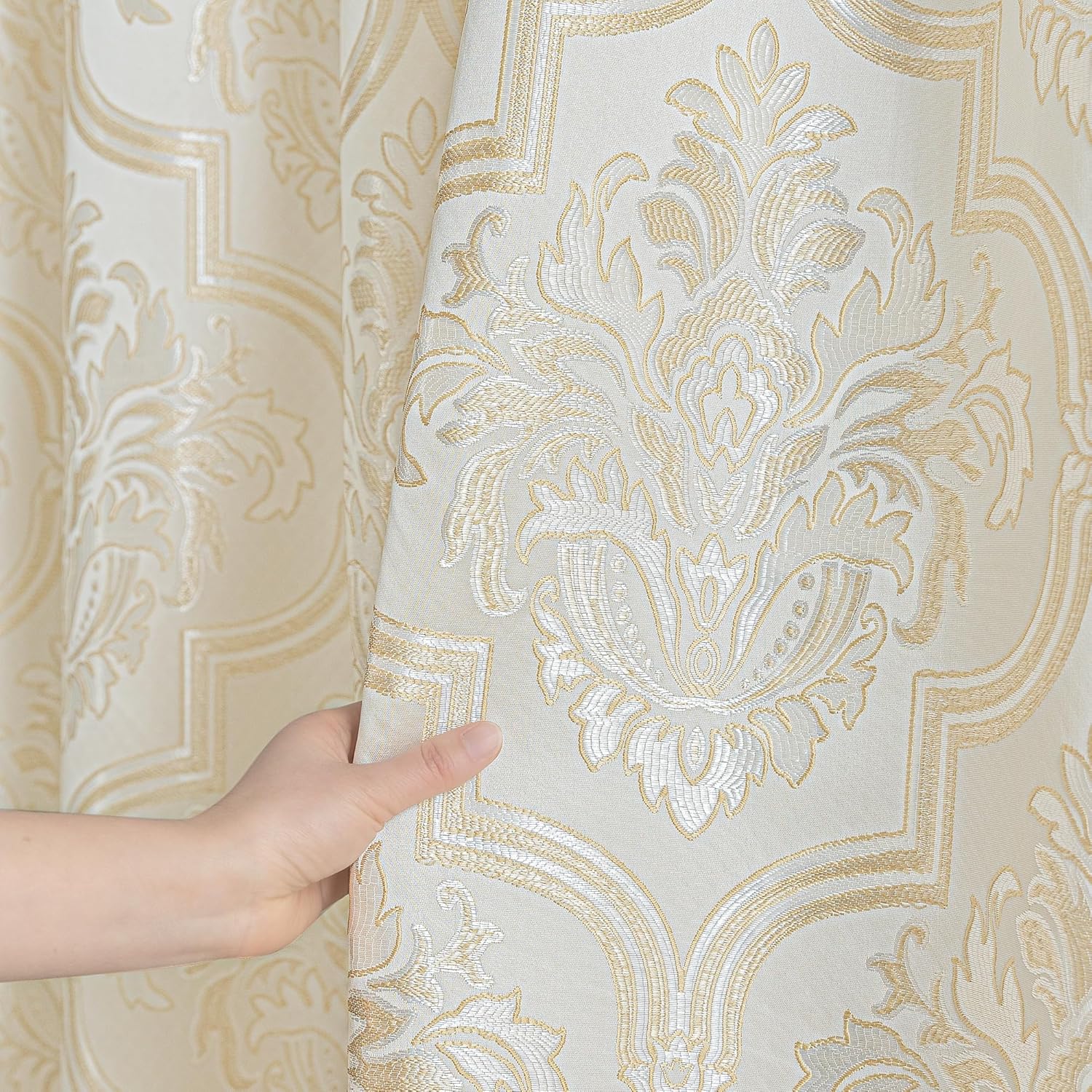 Loom and Mill Textured Fabric Shower Curtain Set with 12 Metal Hooks, Elegant Damask Floral Bathroom Shower Curtain Sets, Waterproof Heavyweight Shower Curtain for Home Bathroom(72x72, Beige Gold)