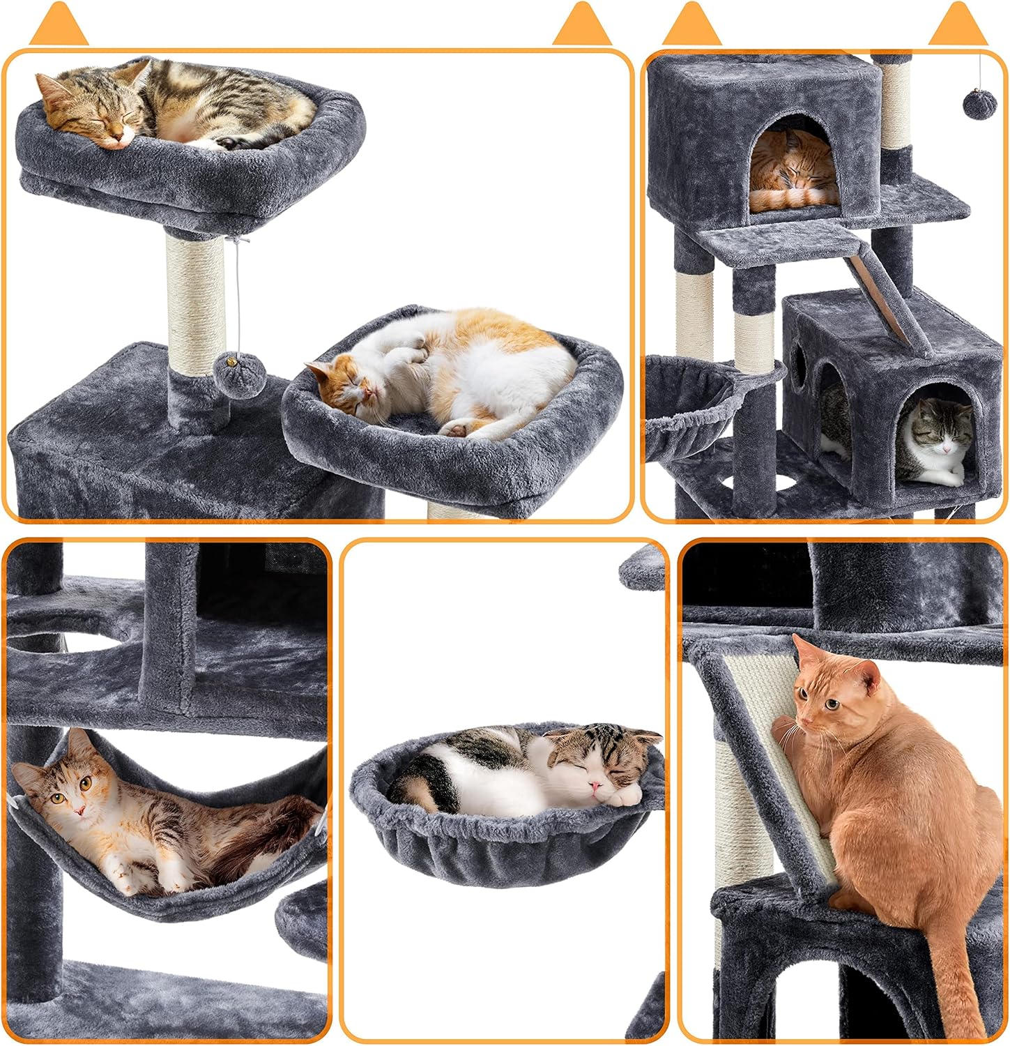 Collage of cats using various features of the cat tree, including beds, houses, and the ramp.