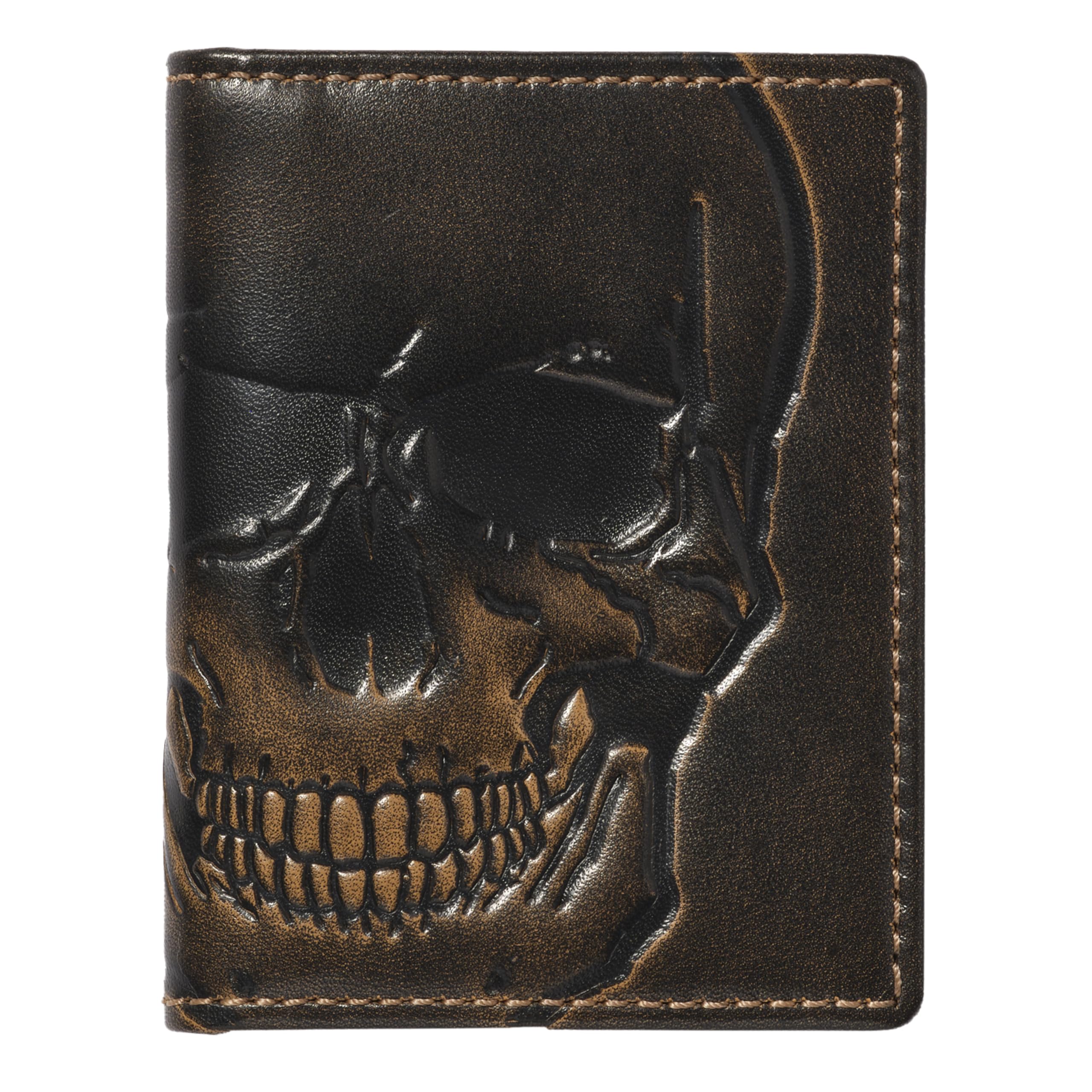 Skull Slim Card Wallet for Men, Minimalist Front Pocket, Small Bifold Card Holder, Full Grain Cowhide Leather Wallet, Black