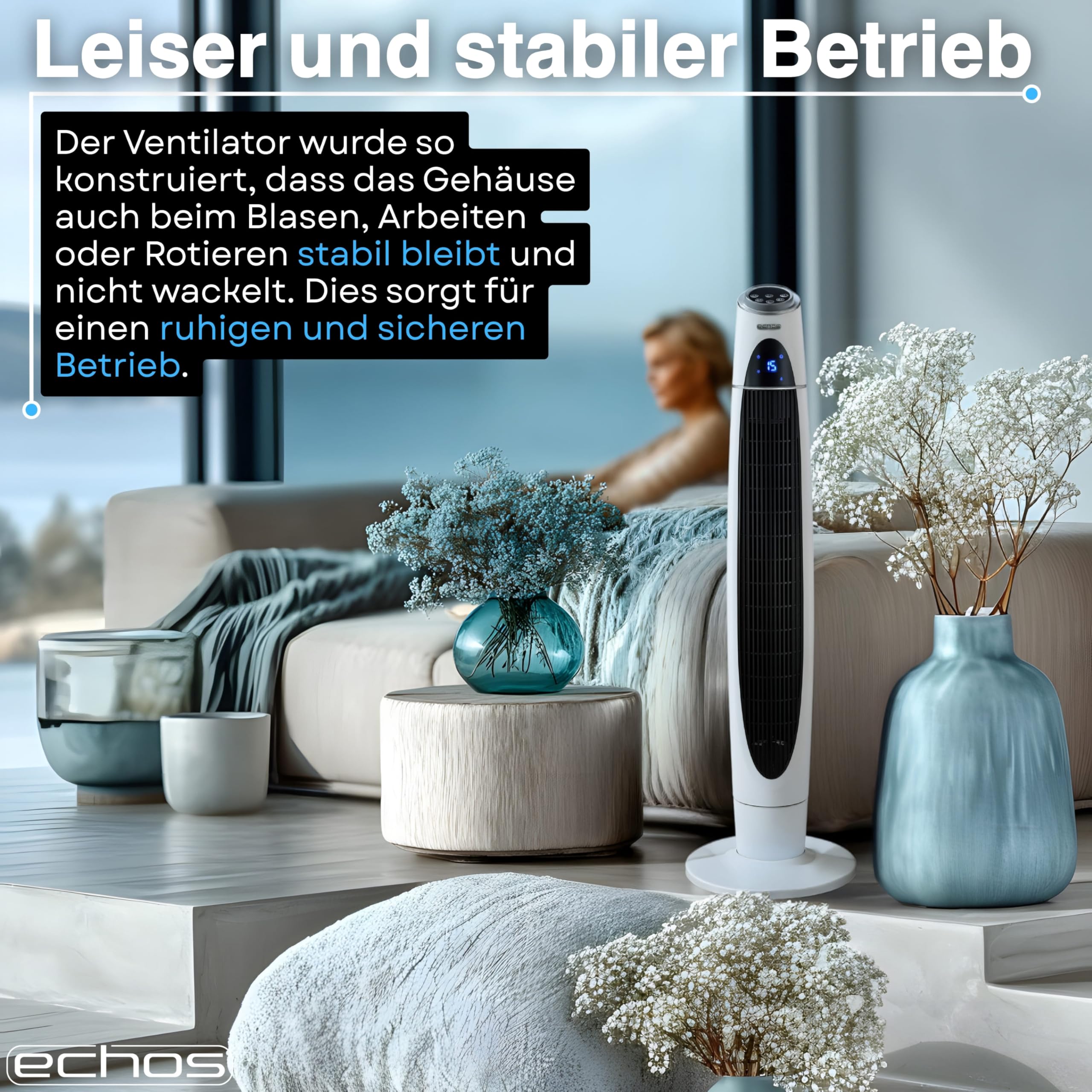 Echos Turmventilator | Ventilator sehr leise | Fernbedienung | Oszillierend | LED-Display | 3 Stufen | Tower Fan | Säulenventilator | Standventilator | Tower-Ventilator | Luftkühler (Schwarz/Weiß)