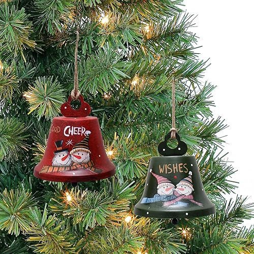Miniatura 2 de Veclotch Juego de 2 adornos colgantes de campana de Navidad, decoración rústica de árbol de Navidad, muñeco de nieve, adorno de cascabel de metal,