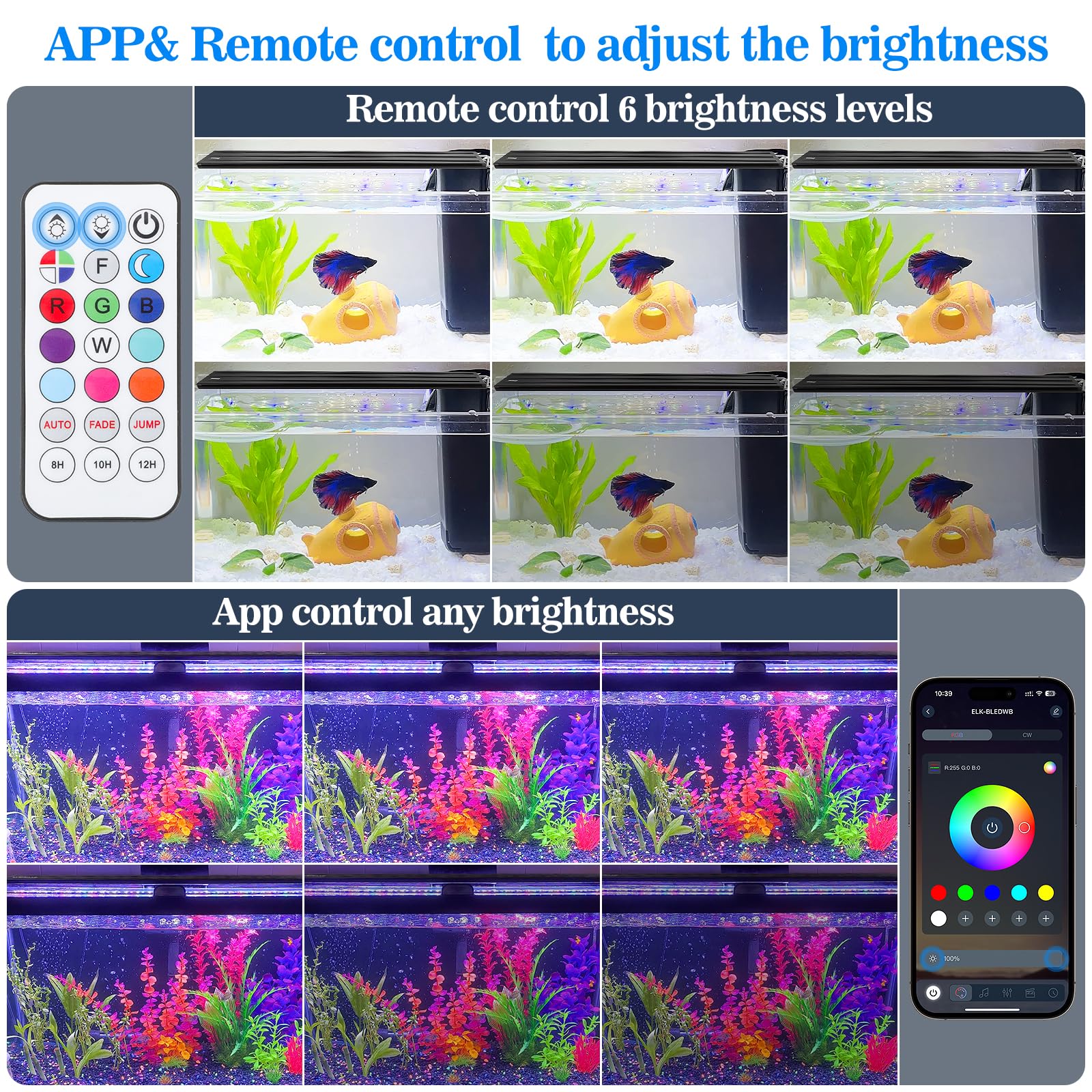 Full Spectrum Aquarium Light: Fish Tank Light with APP & Remote Timer Control for Aquatic Pet Plants Lover - Extendable Fish Tank Lights for 11-17 Inch Freshwater Saltwater Aquarium