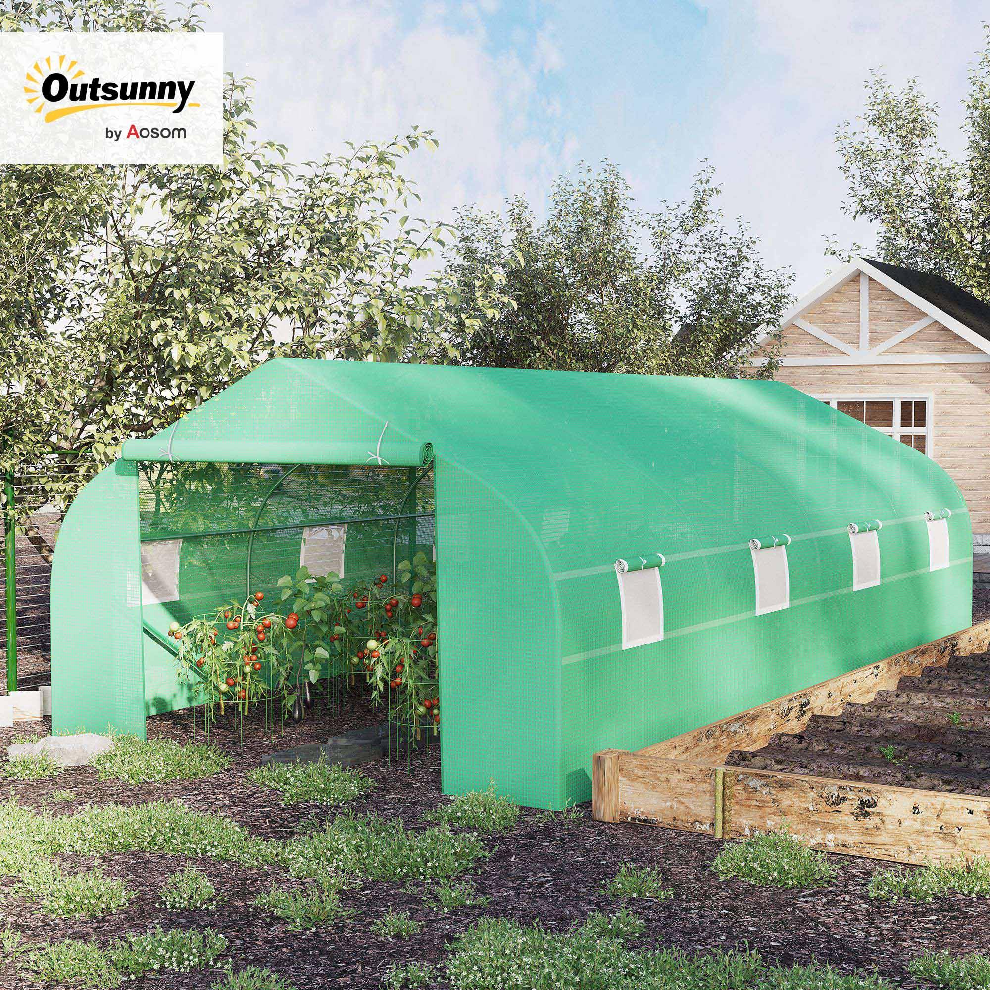 Outsunny Serra a Tunnel 6x3x2 m con 8 Finestre e Porta Avvolgibile, Serra per Orto in Acciaio e PP con 4 Picchetti e 4 Funi Incluse, Verde