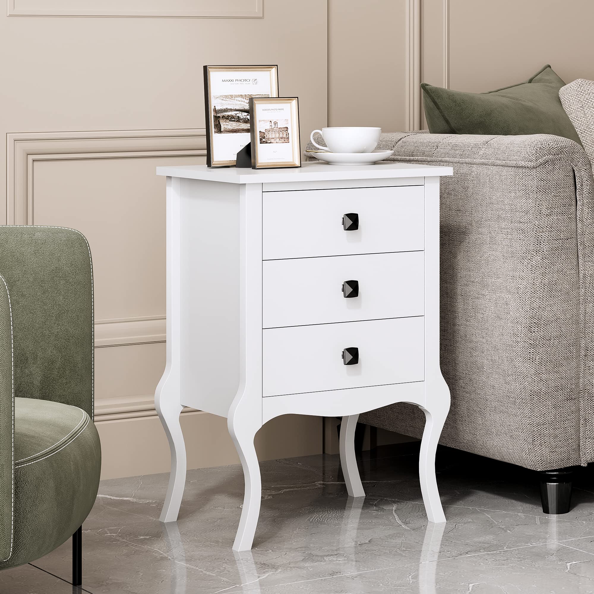 SDHYL Nightstand with 3 Drawers, Small Bedside Table Dresser Chest of Drawer, White Curved Legs Sofaside Table Sofa Table End Table for Bedroom, Living Room, Dinging Room and Entryway