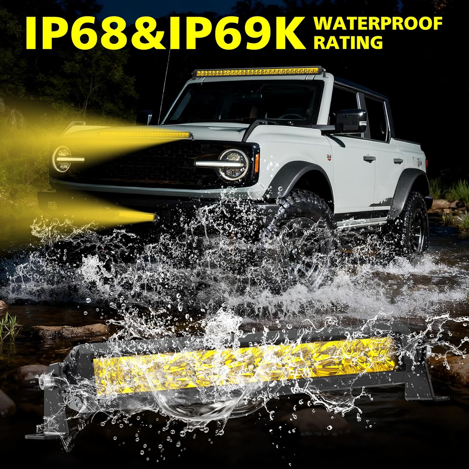 4WDKING Yellow LED Light Bar 22 inch Off Road LED Spot Flood Combo Work Light High Bright Truck Driving Fog Lamp IP69K Waterproof for Truck Cars ATV UTV Boat