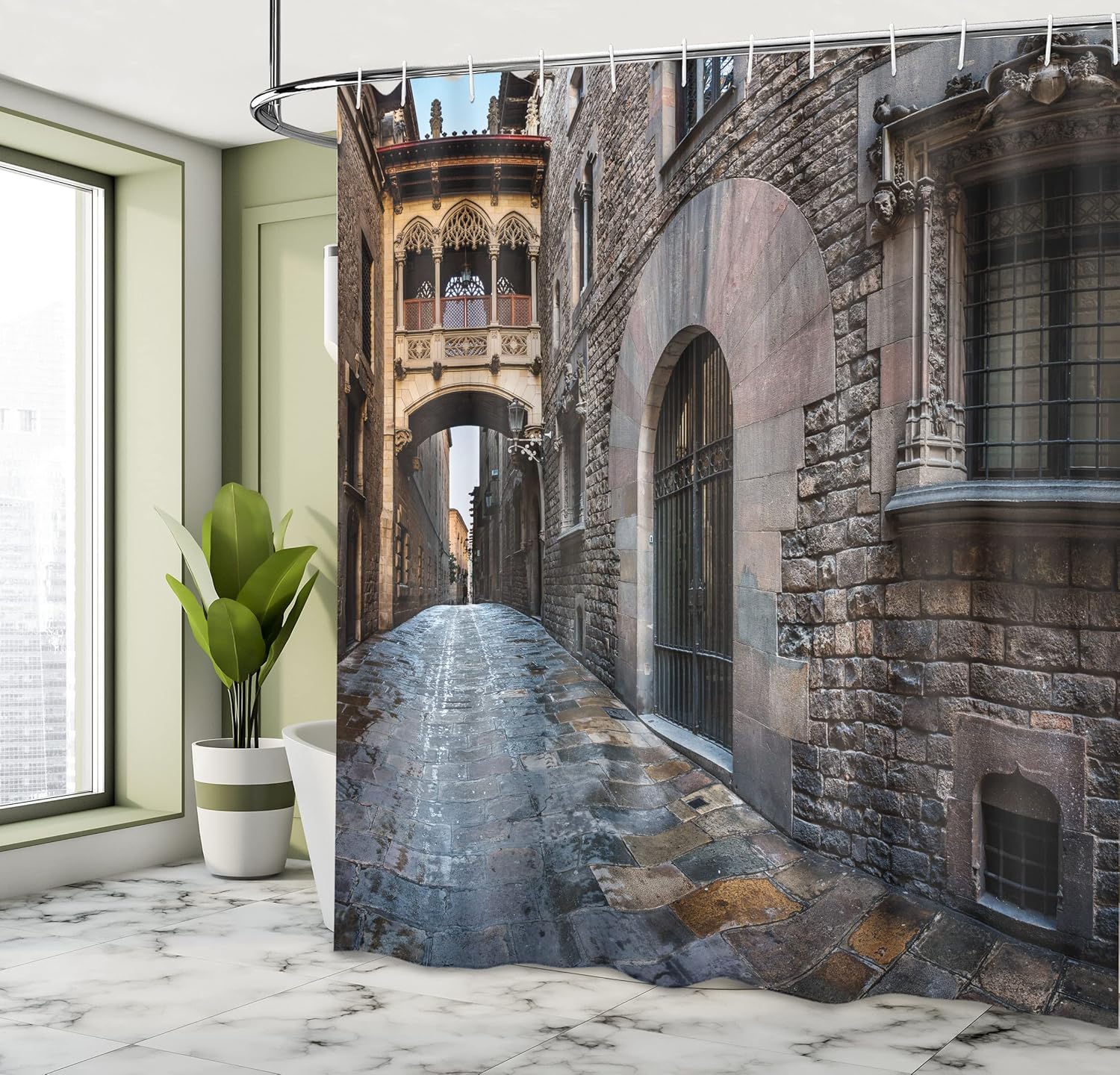 Ambesonne Medieval Shower Curtain, Gothic Quarter Bridge Spainish Old Medieval Streets Historical Heritage The Past Photo, Cloth Fabric Bathroom Decor Set with Hooks, 69" W x 70" L, Grey