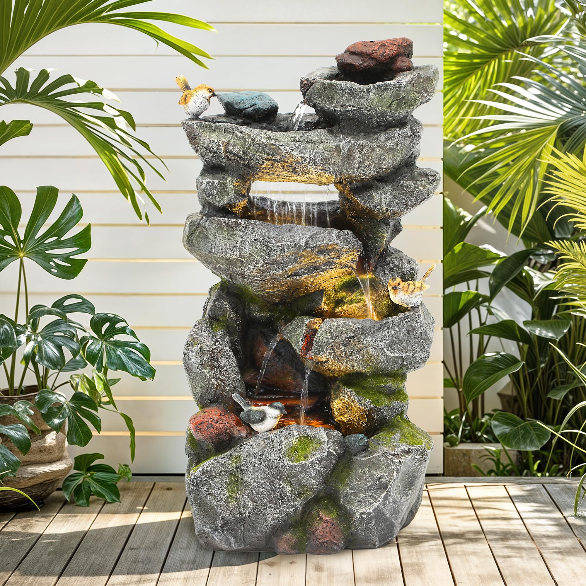 Autodaya 31.5" H Multi-Tier Rock Outdoor Water Fountain with LED Lights and Pump, Garden Fountain Waterfall for Patio, Porch, or Yard