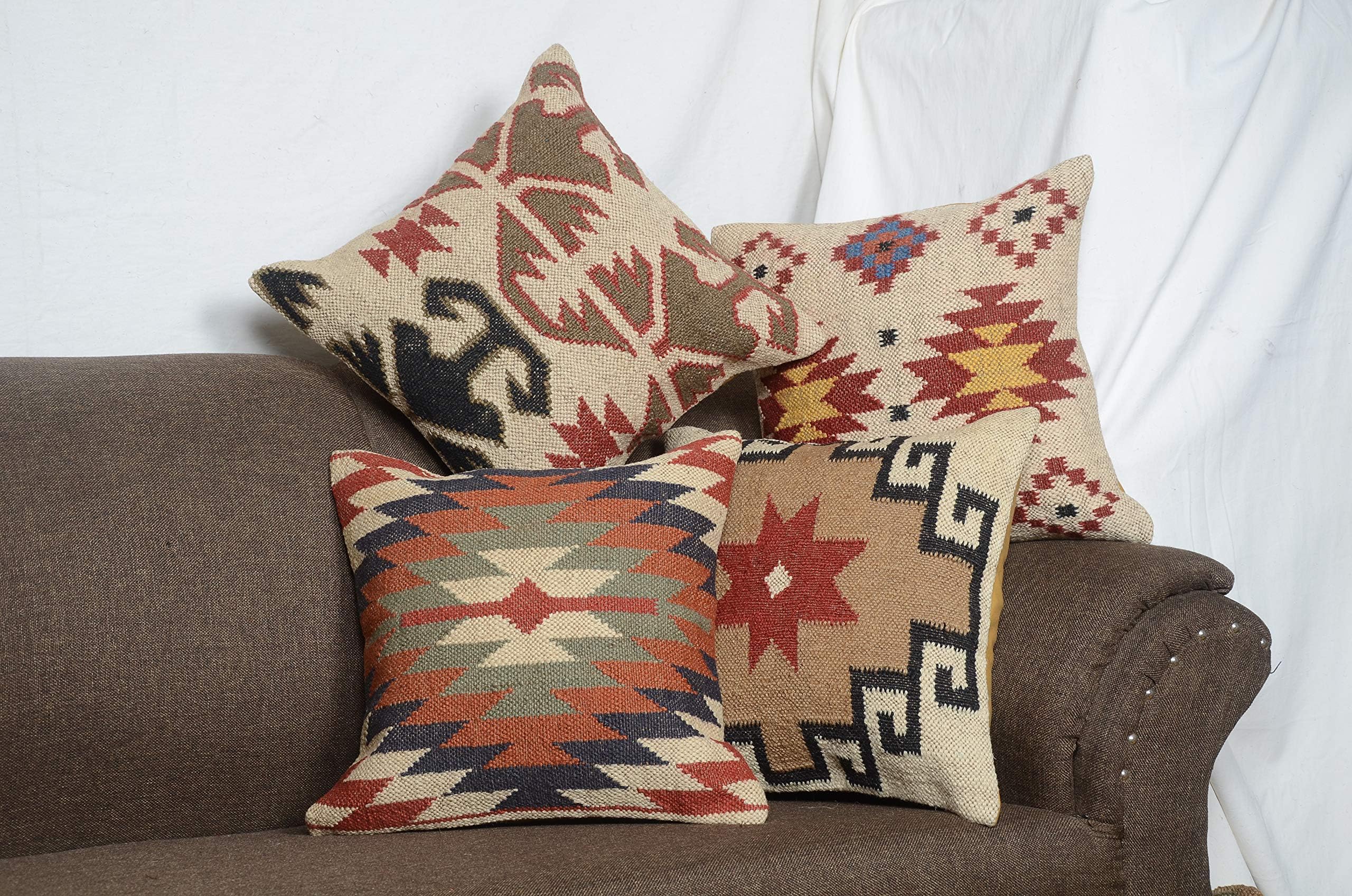 Set of 4 Kilim Throw Pillow Cover Cushion Cover, Wool Jute 18x18 Inch Square Indian Boho Outdoor Cushions Cover for Sofa, Living Room Bench, Home & Office Decor (Style 30)