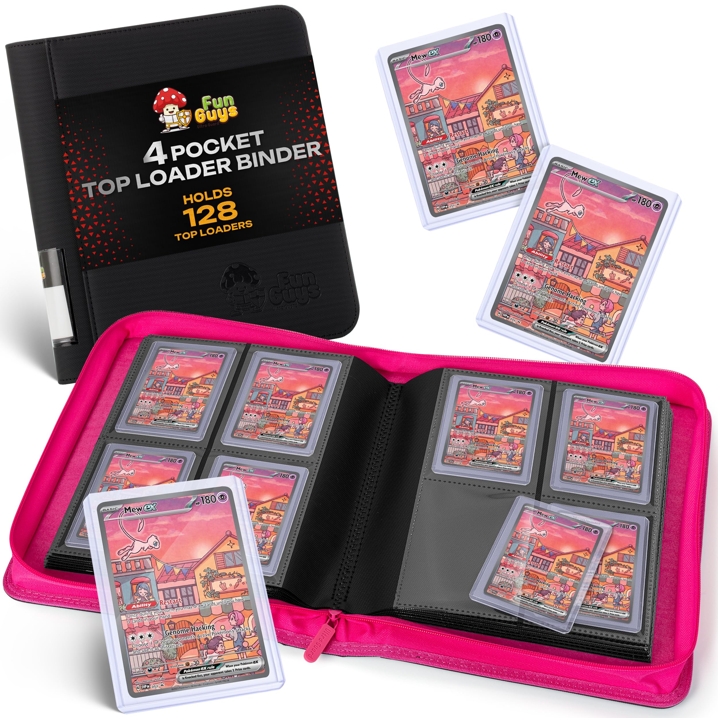FunGuys Toploader Binder – 4 Pocket Trading Card Binder for 128 Top Loaders, Pokemon Card Binder, MTG, Yugioh, Sports Cards, TCG Storage Album, Zipper Card Collector Folder