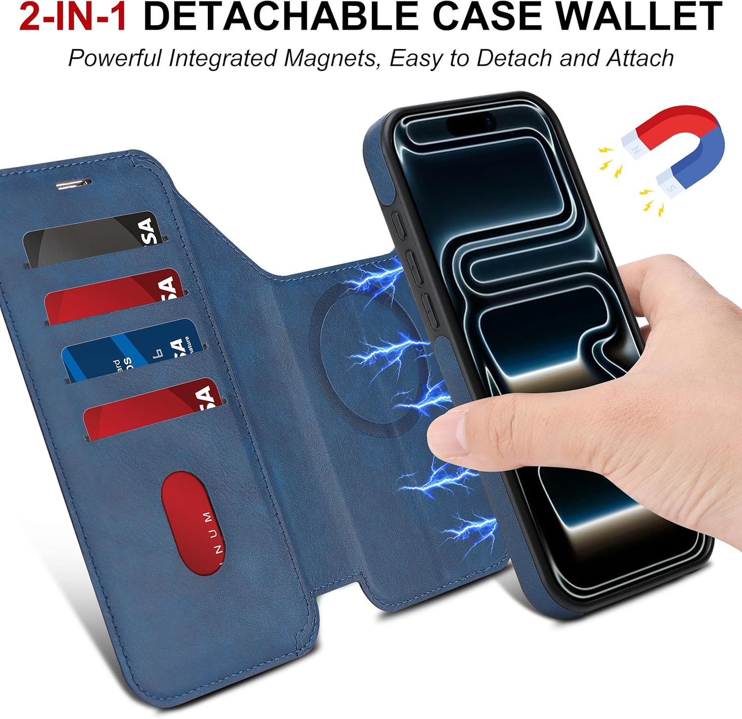 for iPhone 17 Pro Max Wallet Case with [RFID Blocking] Card Slot, MagSafe-Fit, 2-in-1 PU Leather Flip Fold Stand Shockproof Magnetic Detachable Phone Case for iPhone 17 Pro Max,Blue
