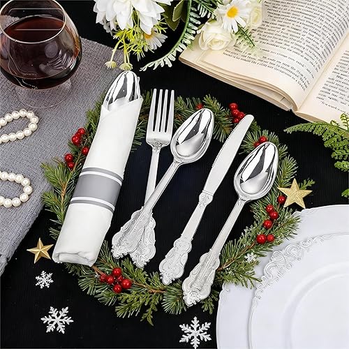 Vista 56 de Liacere 30 cubiertos de plástico dorado con servilletas preenrolladas, cubiertos de plástico dorado de alta calidad con mango rojo, incluye 10