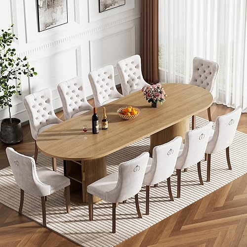 Miniatura 20 de Moderno juego de mesa de comedor extensible de 11 piezas para 10, juego de mesa de cocina ovalada expandible con 10 sillas de terciopelo, mesas de