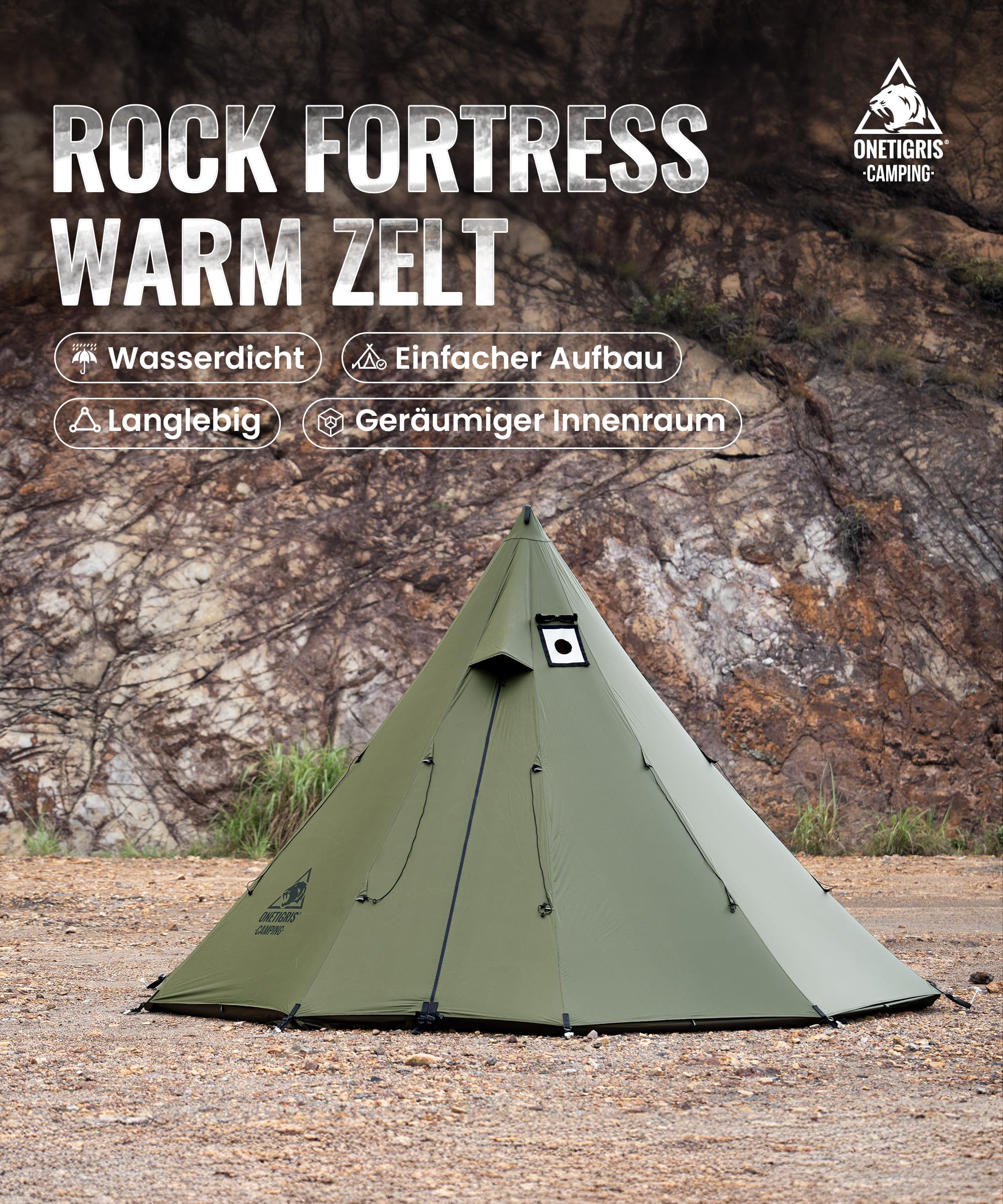 OneTigris Rock Fortress Tipi Tienda de campaña para 4-6 personas, tienda piramidal con barra para tienda de campaña para 4 años, 3000 mm de columna de agua para exteriores, camping, senderismo