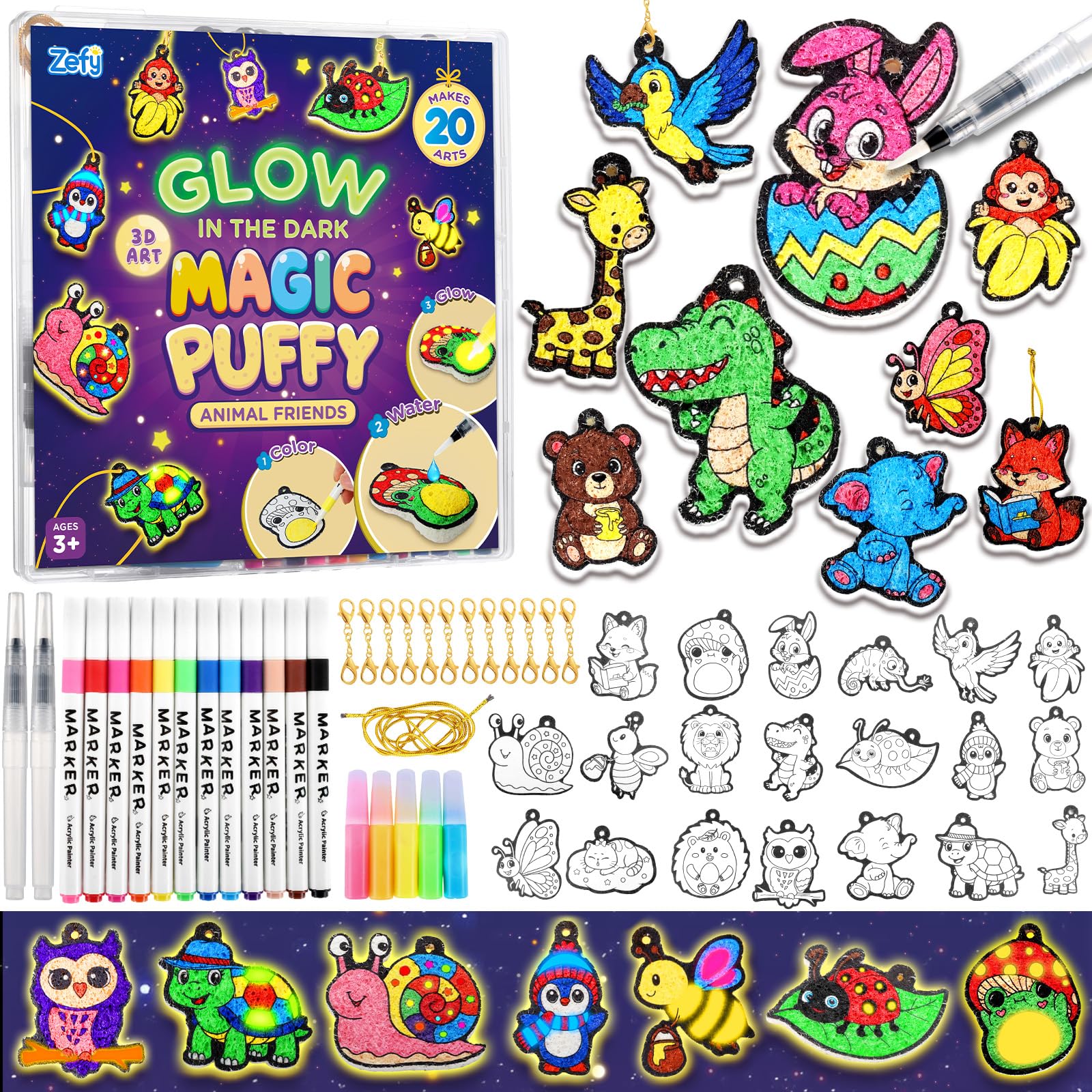 Zefy 3D Art Craft Kits, 20 Pcs Glow in The Dark Puffs Animals, Mess-Free DIY Toys for Kids Girls Boys Ages 4-10, Magic Foam Texture Painting Kit for Birthday Easter Gifts