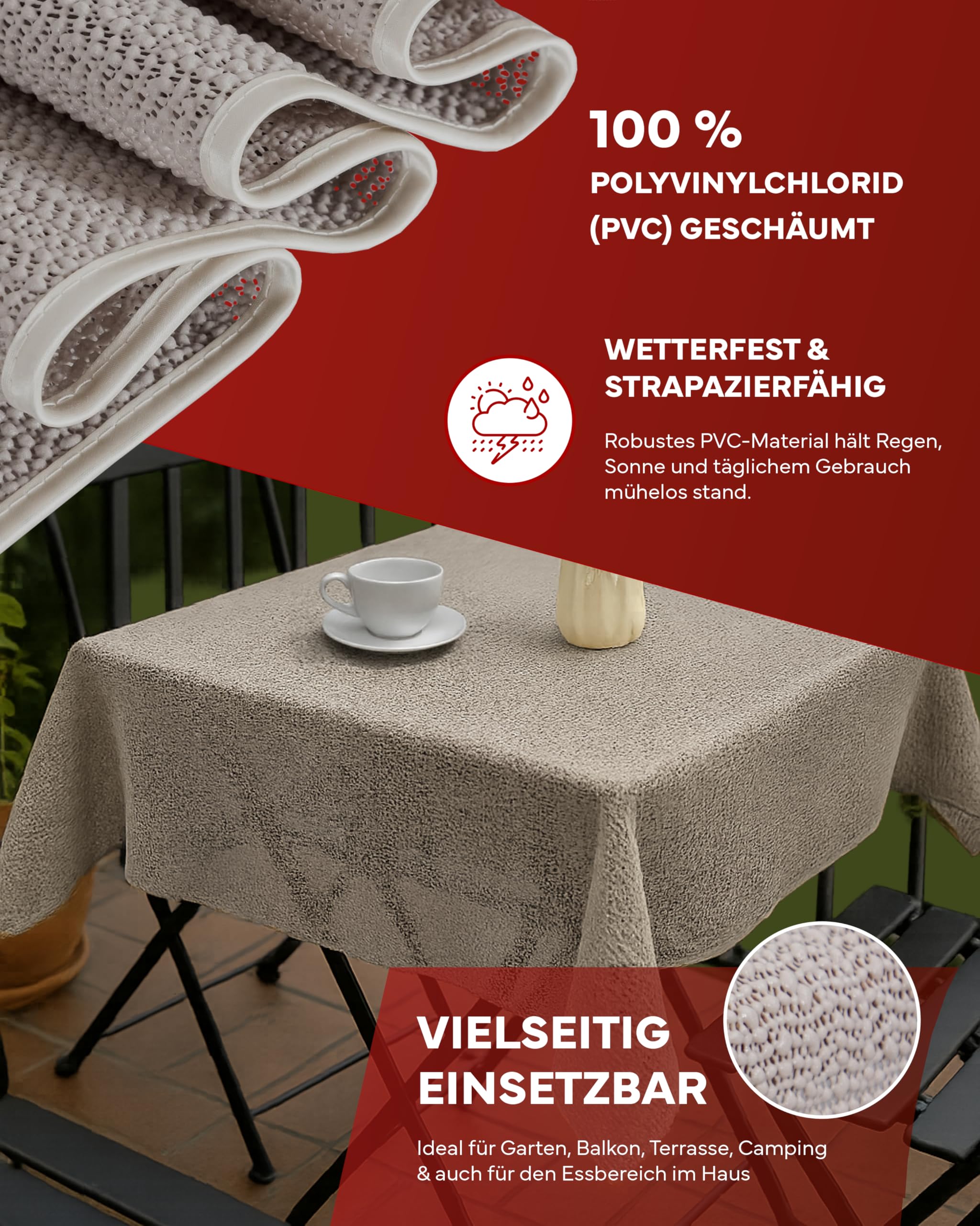 Obrus 130 x 220 cm, beżowy, obrus ogrodowy z obszyciem, zmywalny, na stół ogrodowy, balkon, taras, odporny na warunki atmosferyczne