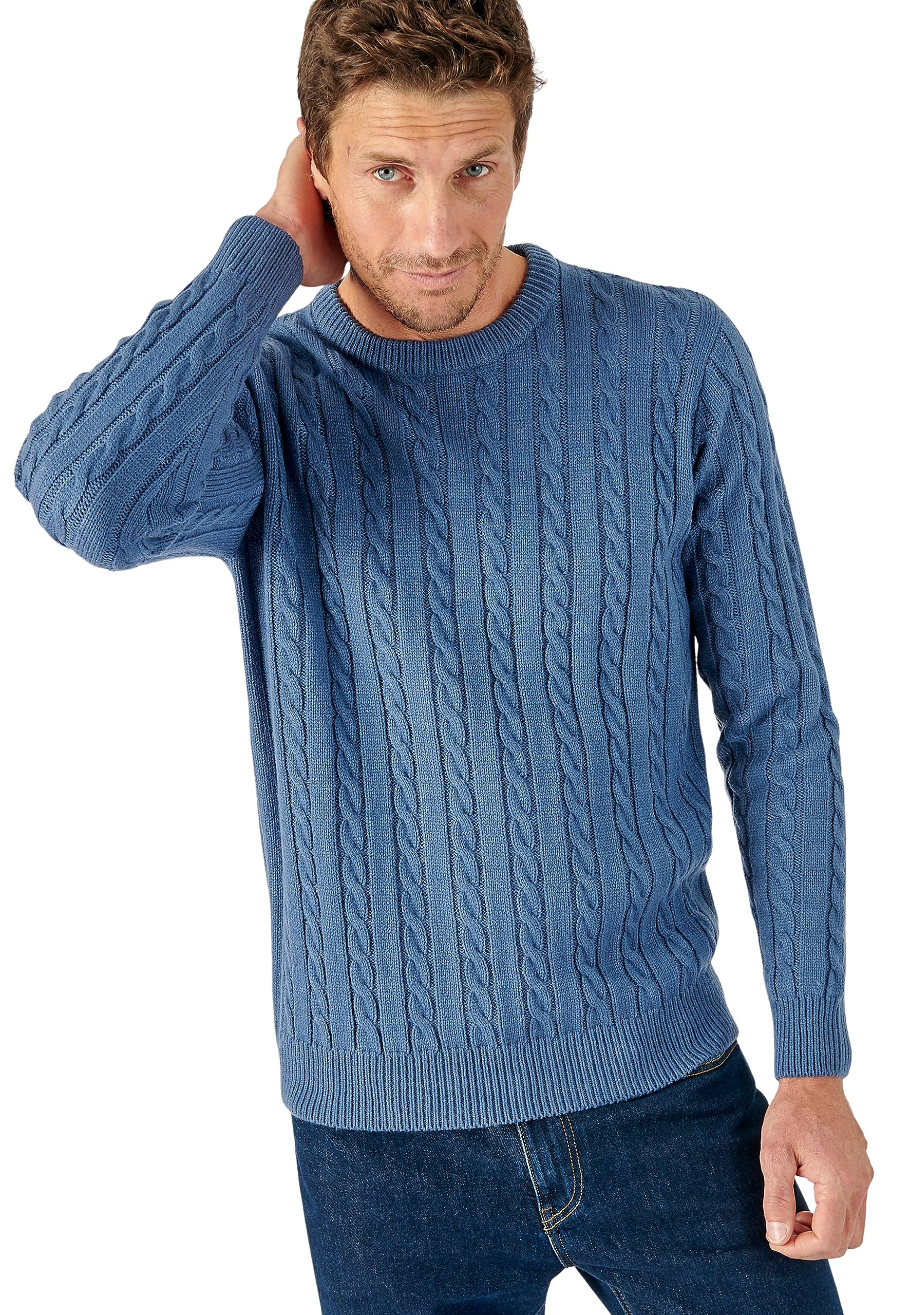 Damart Cable Jumper Men Round Neck Long Sleeves Blue