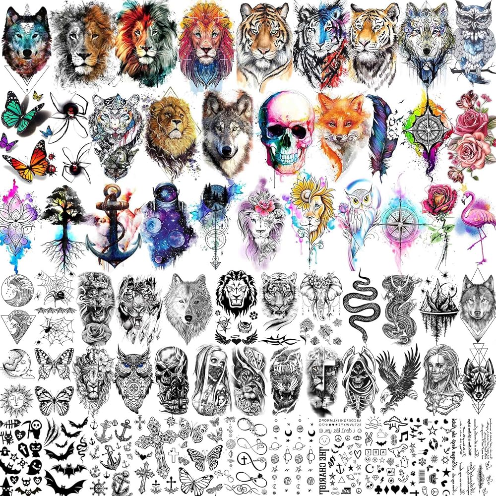 66 Sheets 3D Watercolor Animals Owl Lion Temporary Tattoos For Women Men Adults, Black Wolf Tiger Tattoo Sticker Kids Snake Eagle, Bulk Temp Realistic Fake Tattoos That Look Real And Last Long