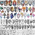 66 Sheets 3D Watercolor Animals Owl Lion Temporary Tattoos For Women Men Adults, Black Wolf Tiger Tattoo Sticker Kids Snake Eagle, Bulk Temp Realistic Fake Tattoos That Look Real And Last Long