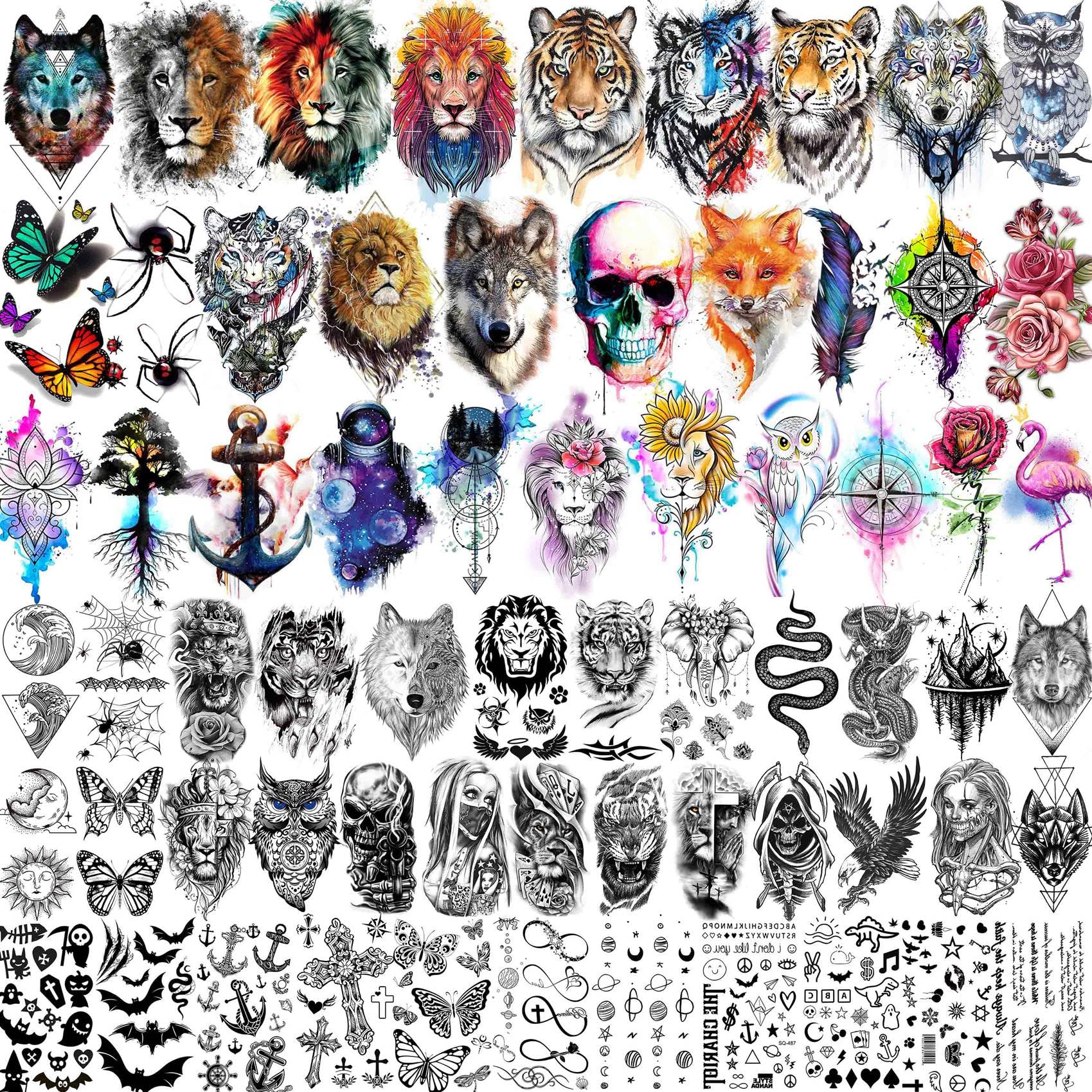 66 Sheets 3D Watercolor Animals Owl Lion Temporary Tattoos For Women Men Adults, Black Wolf Tiger Tattoo Sticker Kids Snake Eagle, Bulk Temp Realistic Fake Tattoos That Look Real And Last Long